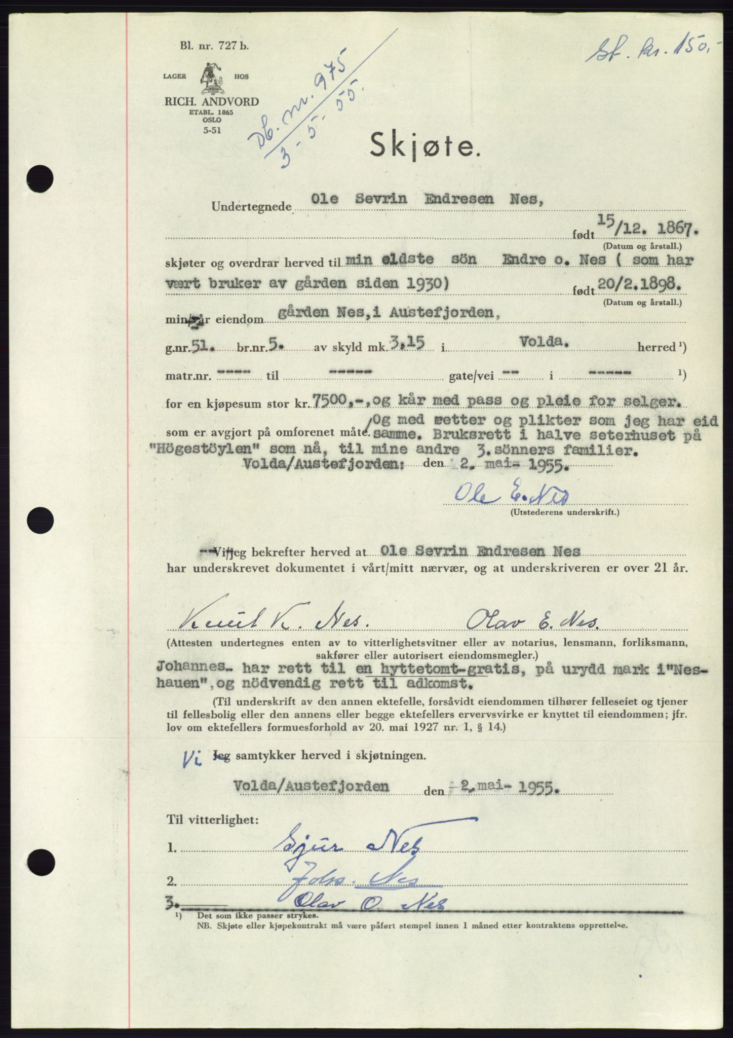 Søre Sunnmøre sorenskriveri, AV/SAT-A-4122/1/2/2C/L0100: Pantebok nr. 26A, 1954-1955, Dagboknr: 975/1955