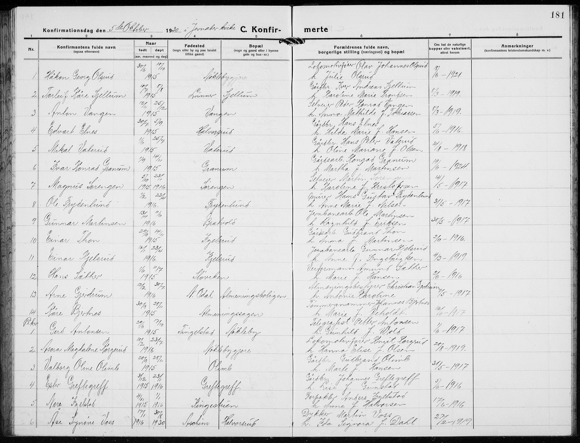 Jevnaker prestekontor, AV/SAH-PREST-116/H/Ha/Hab/L0005: Klokkerbok nr. 5, 1919-1934, s. 181