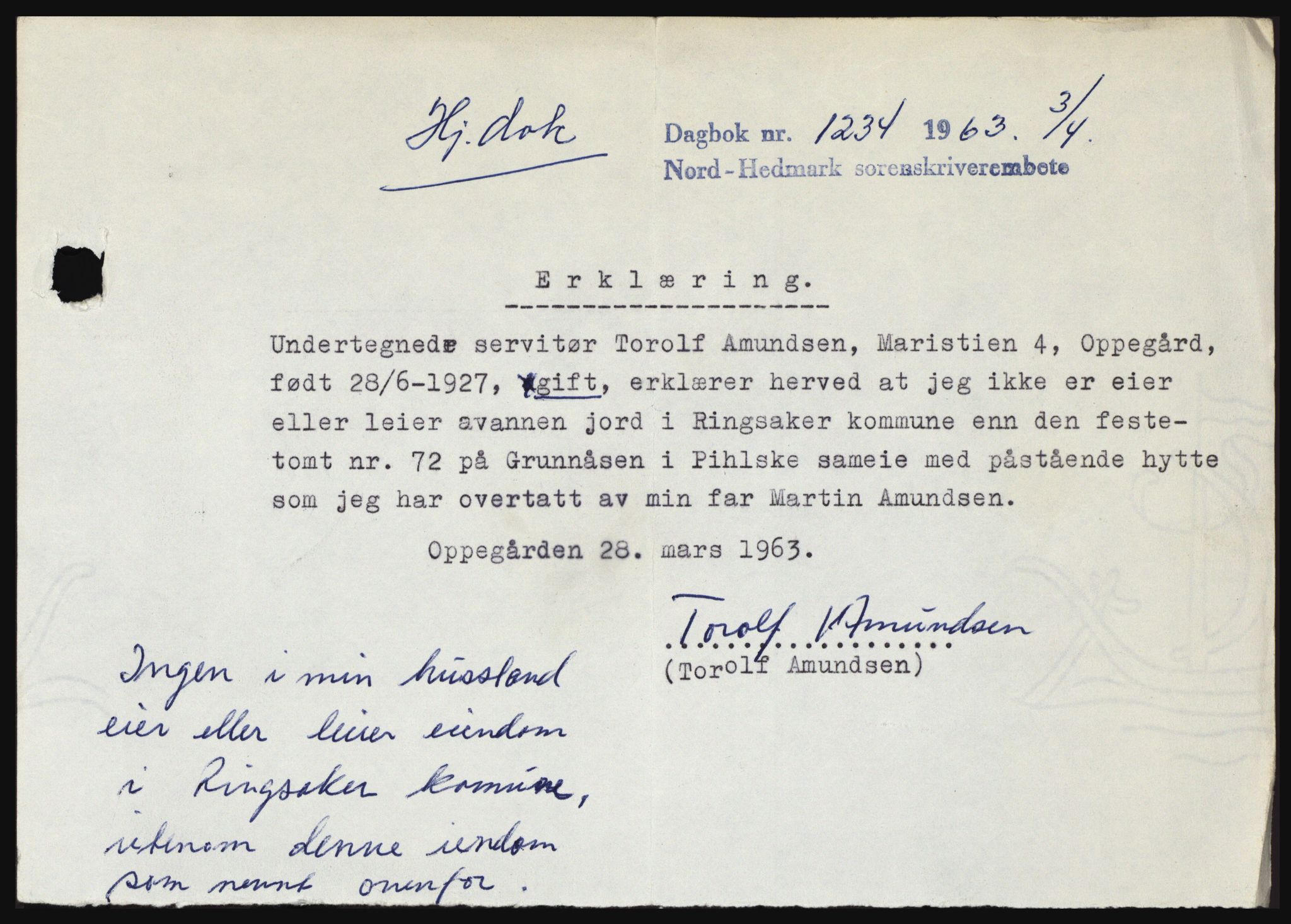 Nord-Hedmark sorenskriveri, SAH/TING-012/H/Hc/L0017: Pantebok nr. 17, 1962-1963, Dagboknr: 1234/1963