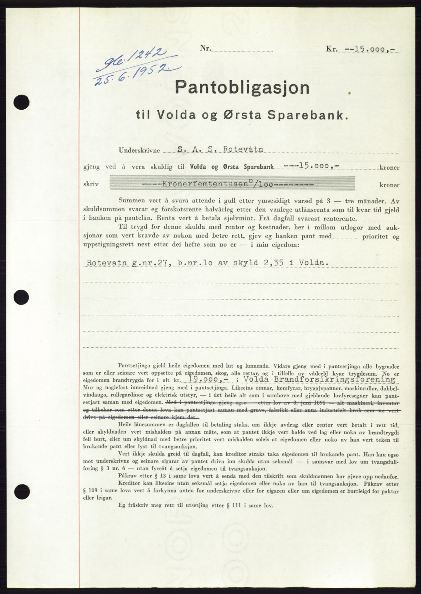 Søre Sunnmøre sorenskriveri, AV/SAT-A-4122/1/2/2C/L0121: Pantebok nr. 9B, 1951-1952, Dagboknr: 1242/1952