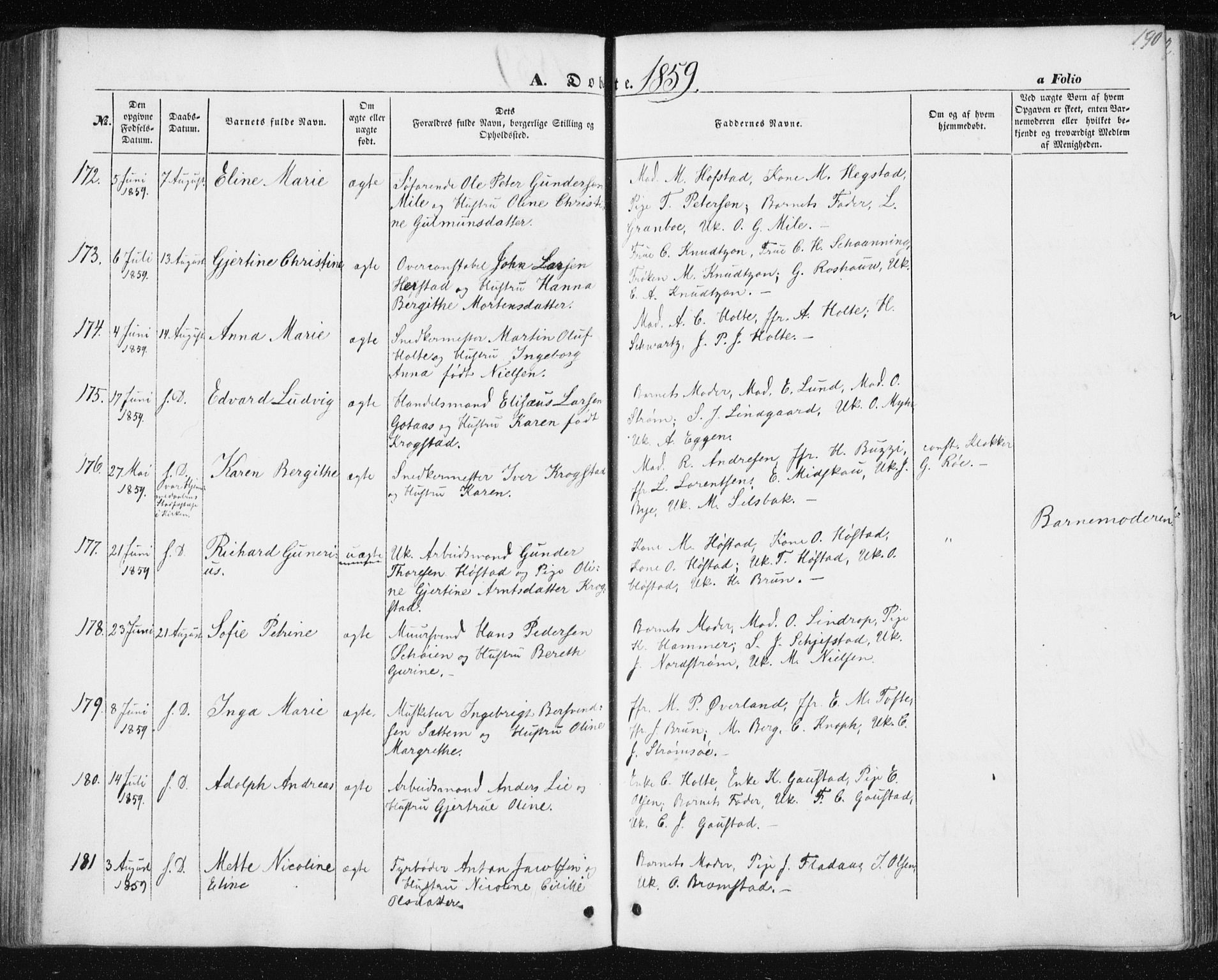 Ministerialprotokoller, klokkerbøker og fødselsregistre - Sør-Trøndelag, SAT/A-1456/602/L0112: Ministerialbok nr. 602A10, 1848-1859, s. 190