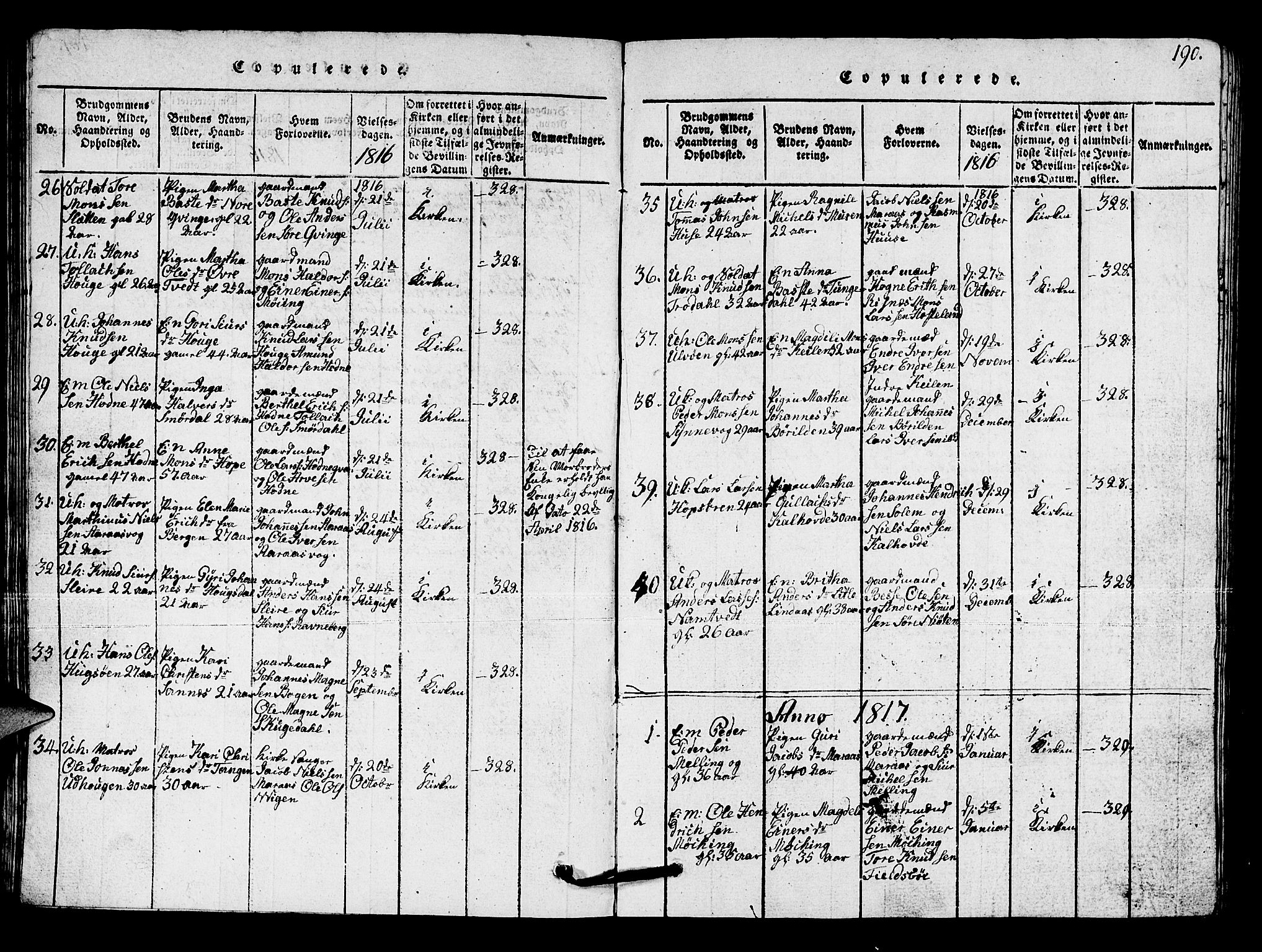 Lindås Sokneprestembete, AV/SAB-A-76701/H/Hab/Haba/L0001: Klokkerbok nr. A 1, 1816-1823, s. 190