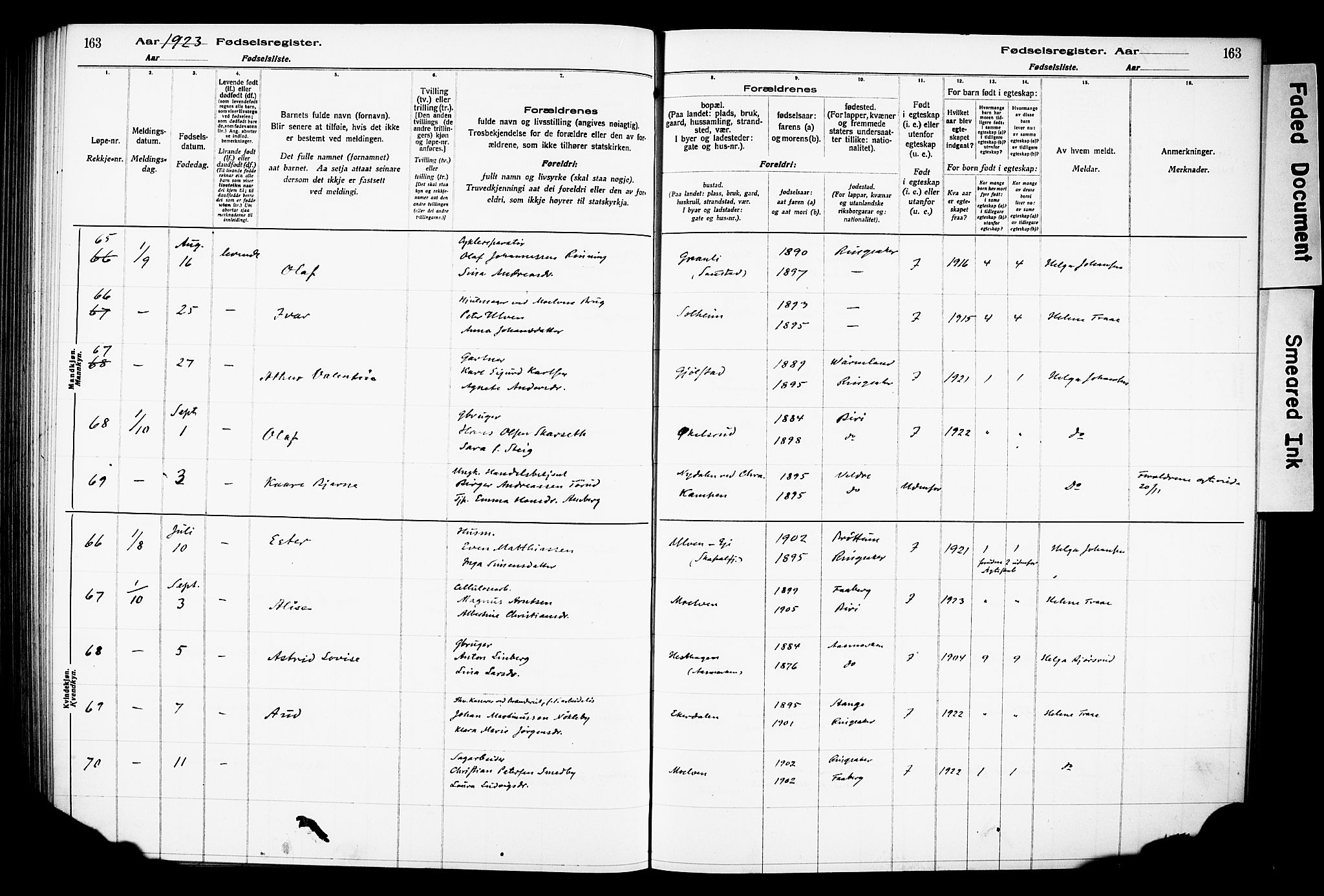 Ringsaker prestekontor, SAH/PREST-014/O/Oa/L0001: Fødselsregister nr. 1, 1916-1925, s. 163