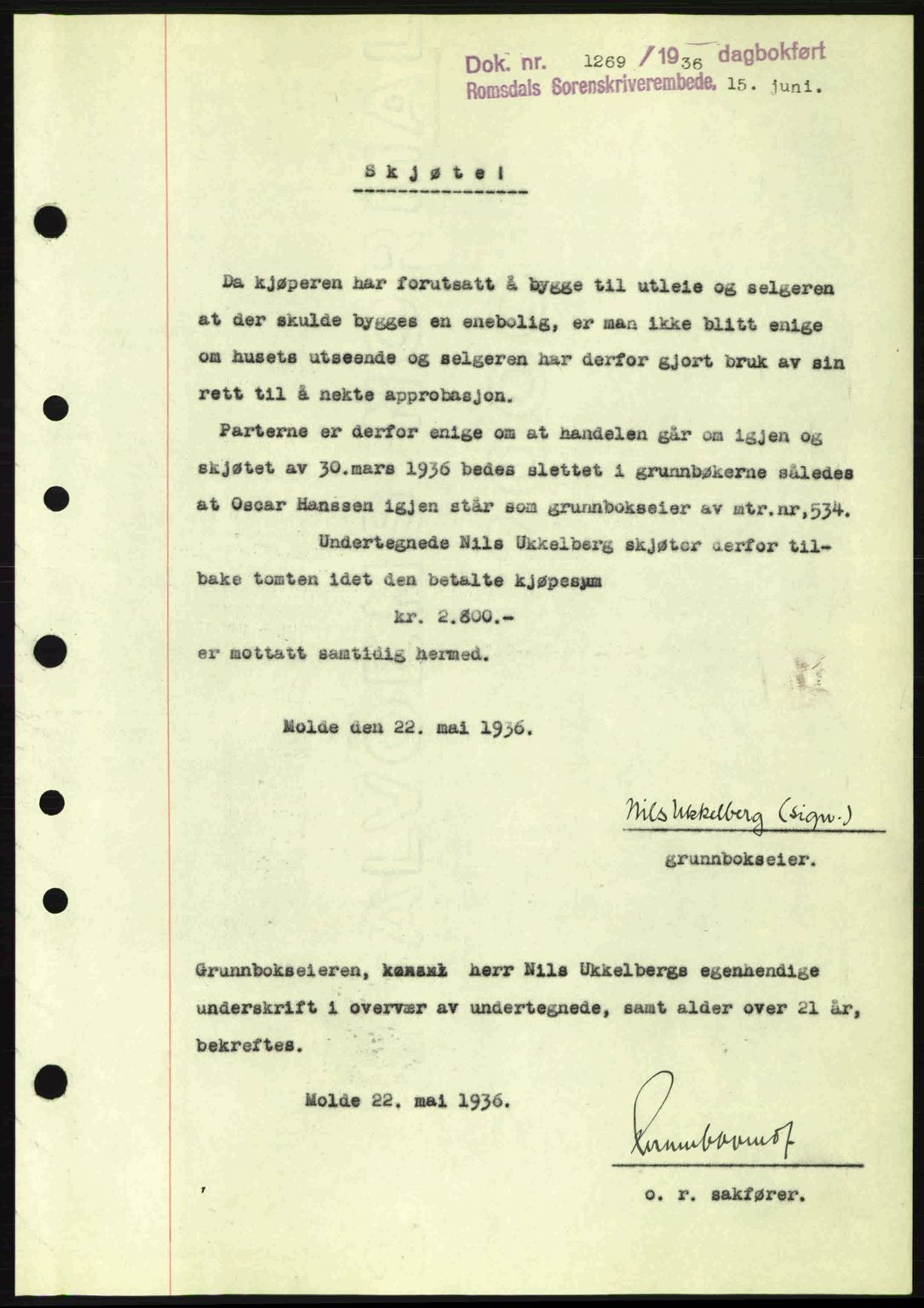Romsdal sorenskriveri, SAT/A-4149/1/2/2C: Pantebok nr. A1, 1936-1936, Dagboknr: 1269/1936