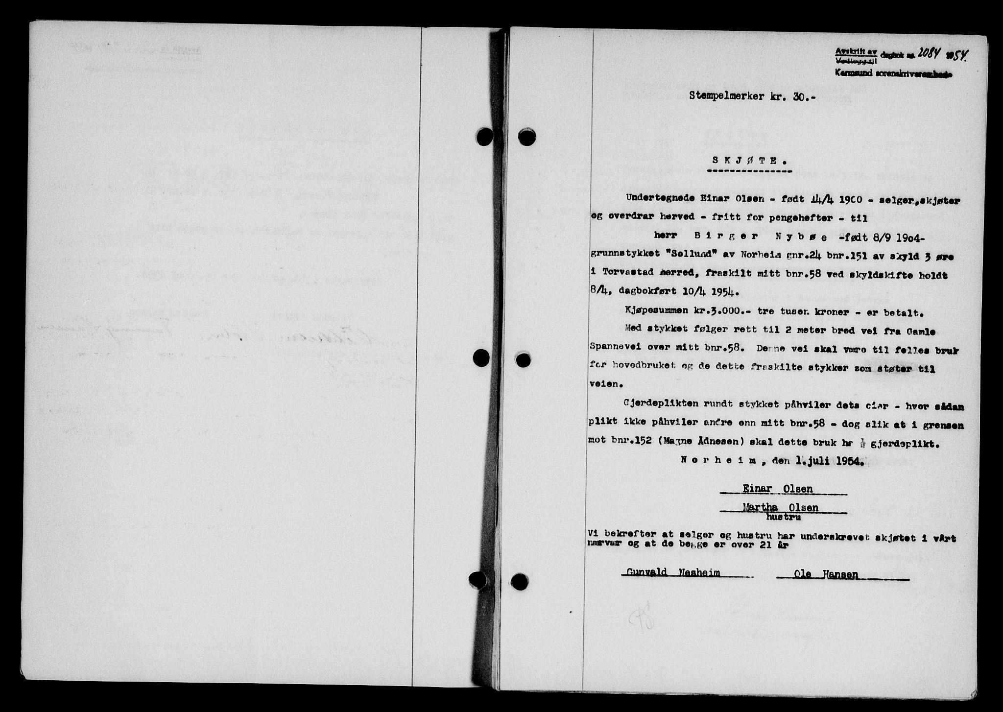 Karmsund sorenskriveri, SAST/A-100311/01/II/IIB/L0113: Pantebok nr. 93A, 1954-1954, Dagboknr: 2084/1954