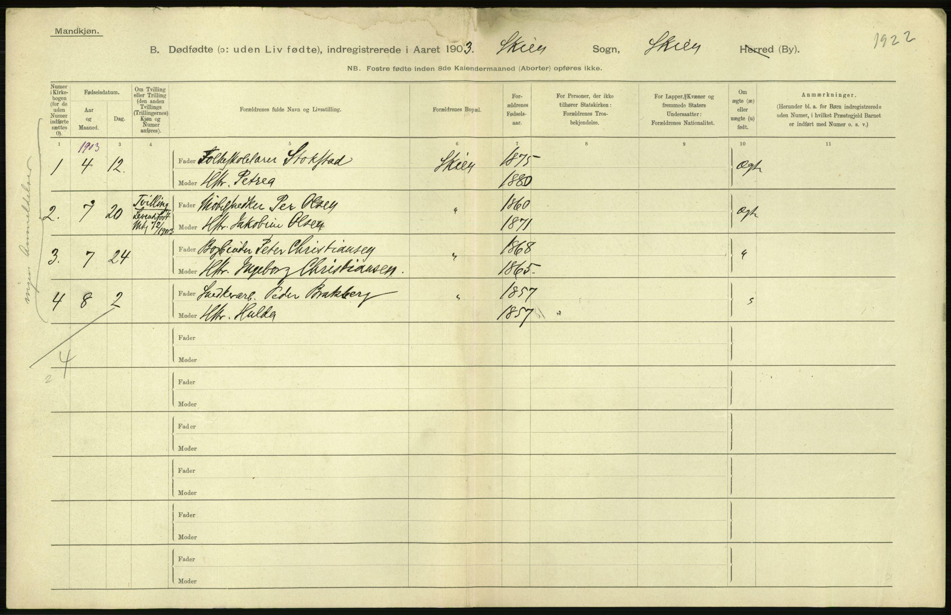 Statistisk sentralbyrå, Sosiodemografiske emner, Befolkning, RA/S-2228/D/Df/Dfa/Dfaa/L0026: Smålenenes - Finnmarkens amt: Dødfødte. Byer., 1903, s. 174