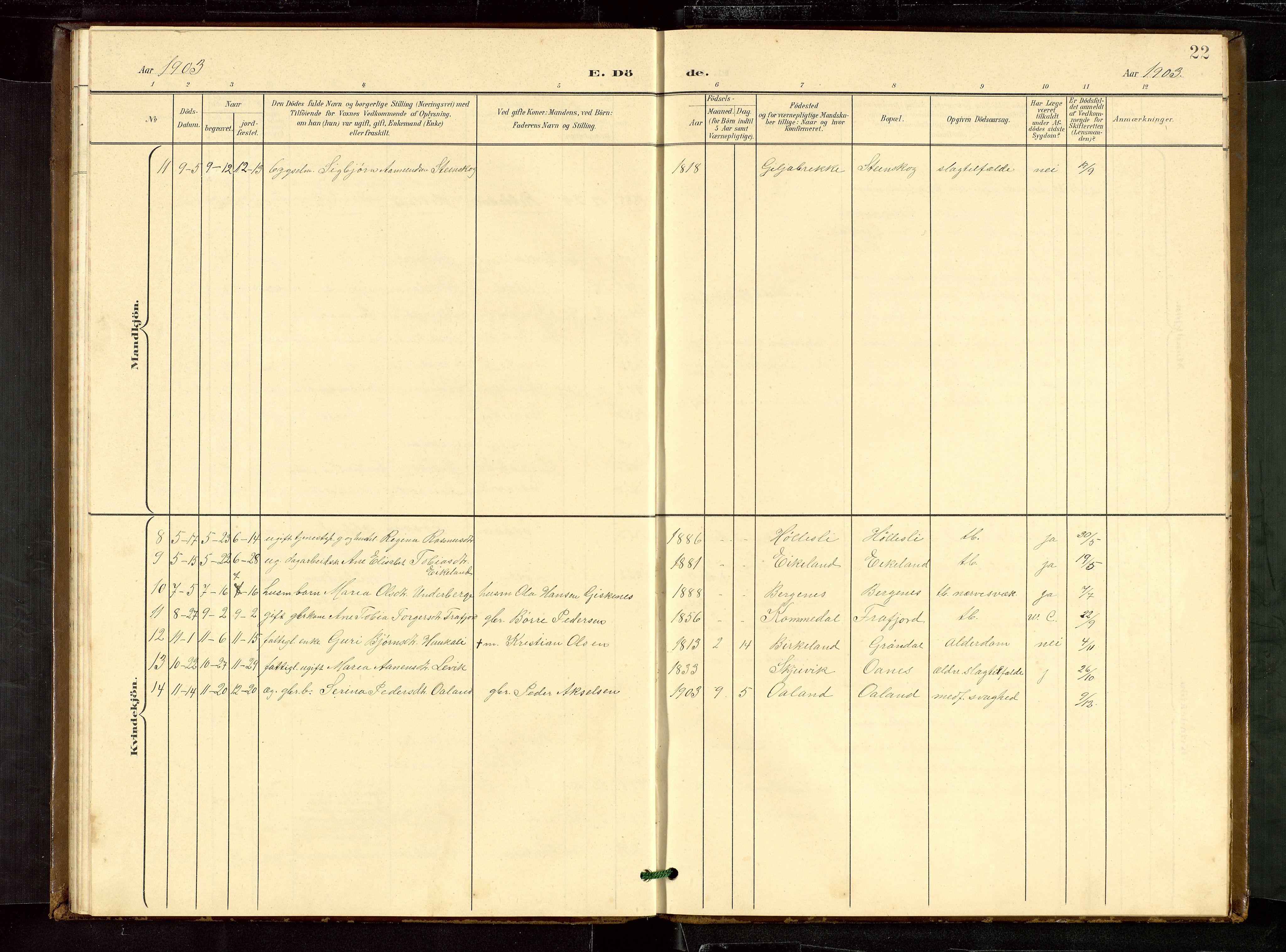 Høgsfjord sokneprestkontor, AV/SAST-A-101624/H/Ha/Hab/L0010: Klokkerbok nr. B 10, 1900-1922, s. 22