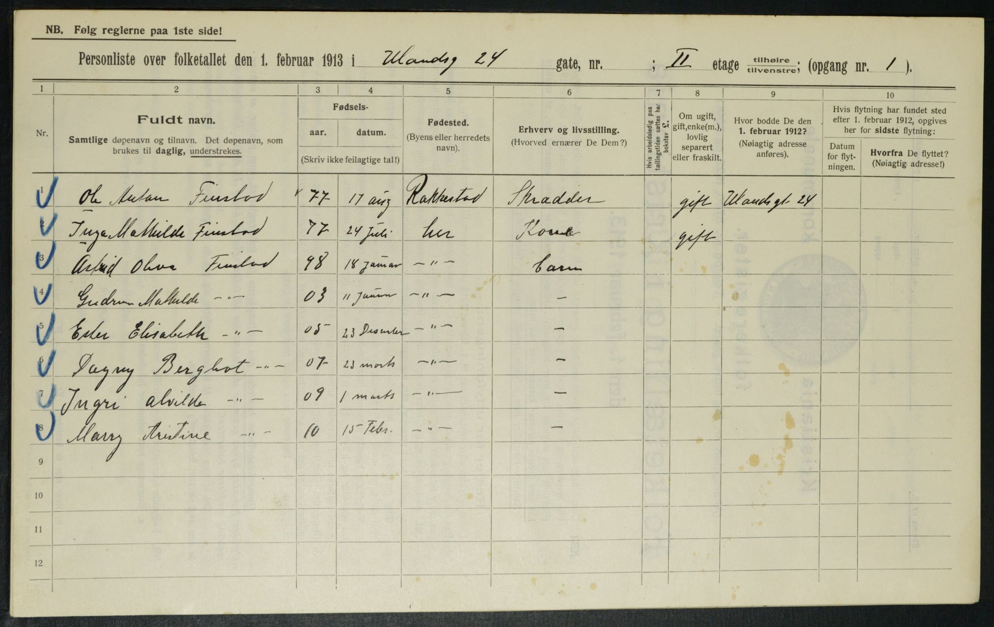 OBA, Kommunal folketelling 1.2.1913 for Kristiania, 1913, s. 118649