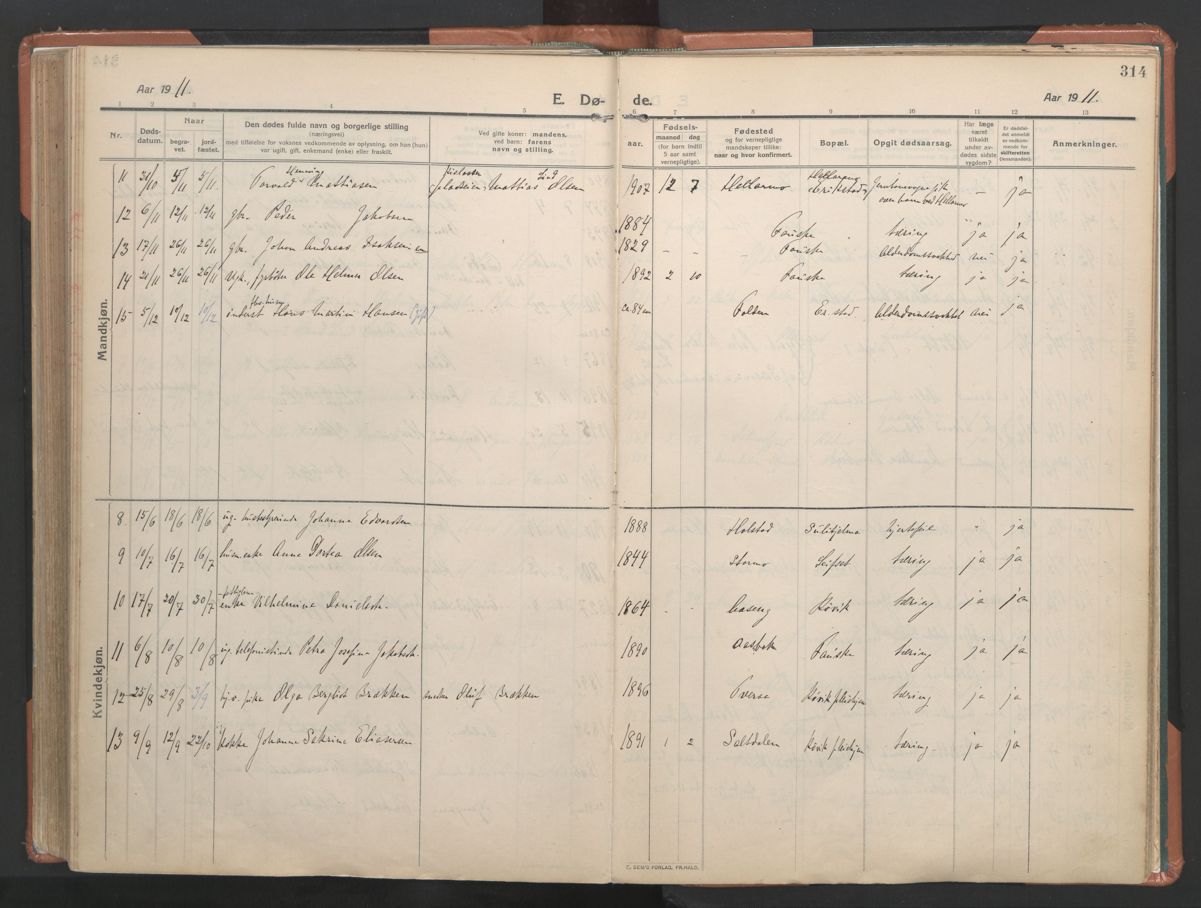 Ministerialprotokoller, klokkerbøker og fødselsregistre - Nordland, SAT/A-1459/849/L0698: Ministerialbok nr. 849A09, 1911-1924, s. 314