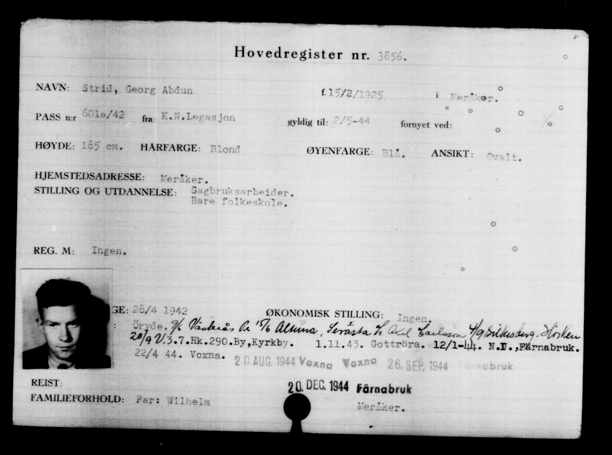 Utenriksstasjonene, Legasjonen i Stockholm, Flyktningkontoret, AV/RA-S-6753/V/Va/L0004: Kjesäterkartoteket, flyktninger med registreringsnr. 3496-6610, 1940-1945, s. 420