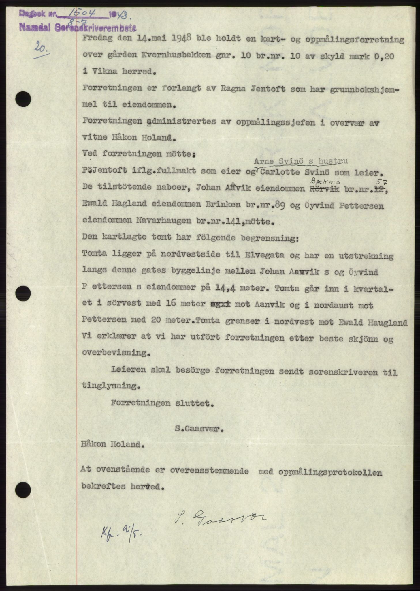 Namdal sorenskriveri, SAT/A-4133/1/2/2C: Pantebok nr. -, 1948-1948, Dagboknr: 1504/1948