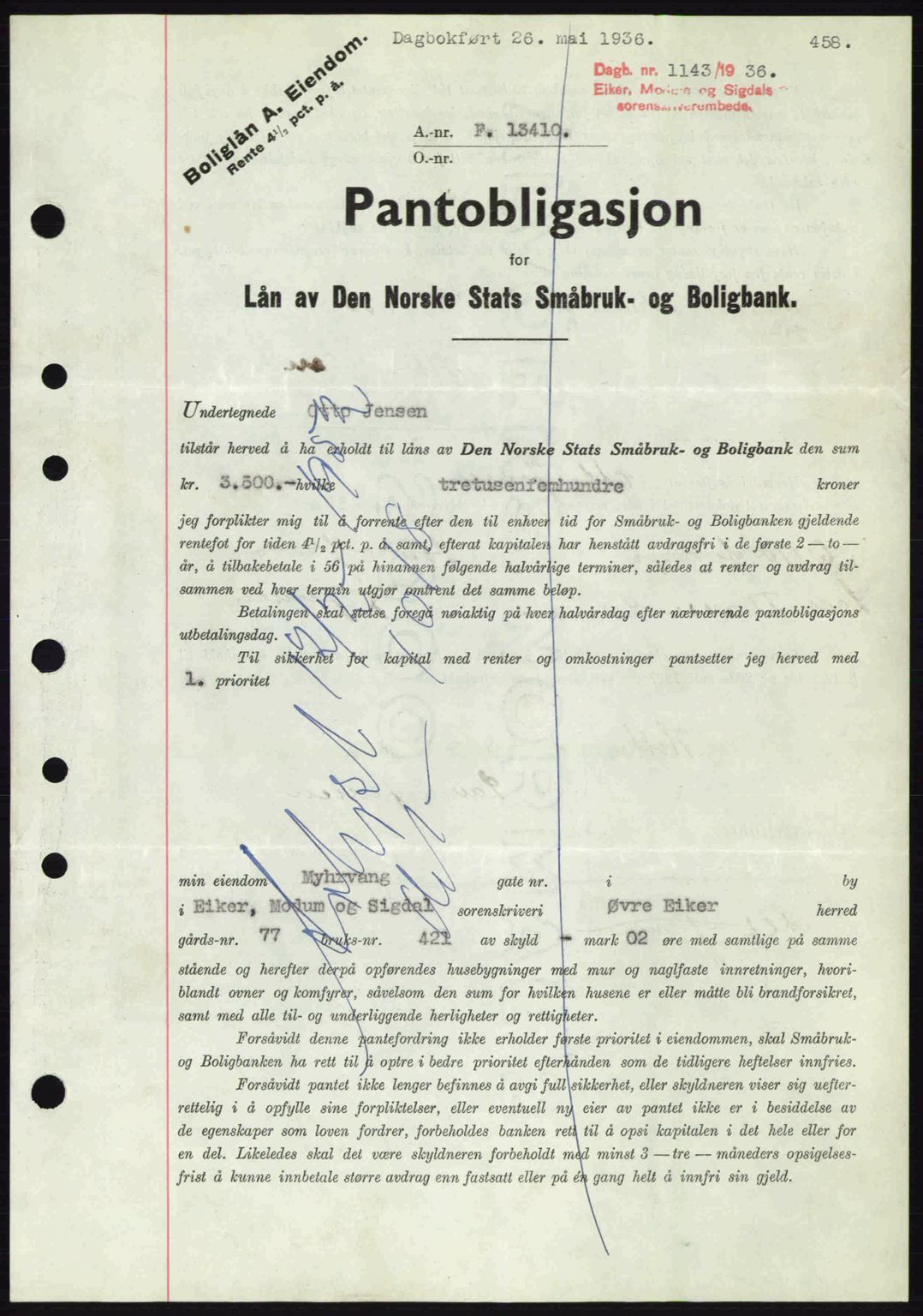 Eiker, Modum og Sigdal sorenskriveri, SAKO/A-123/G/Ga/Gab/L0032: Pantebok nr. A2, 1936-1936, Dagboknr: 1143/1936