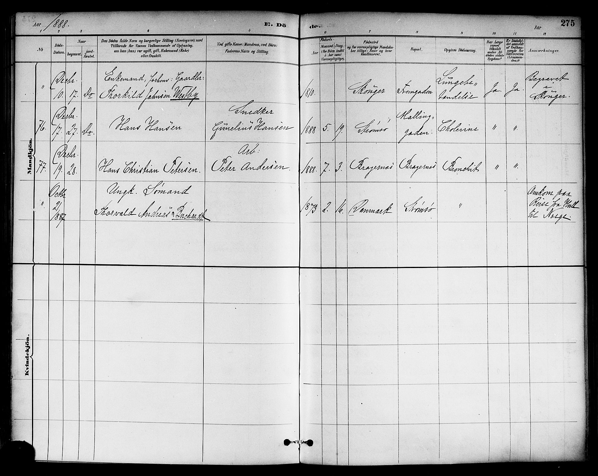 Strømsø kirkebøker, AV/SAKO-A-246/F/Fa/L0023: Ministerialbok nr. I 23, 1885-1894, s. 275