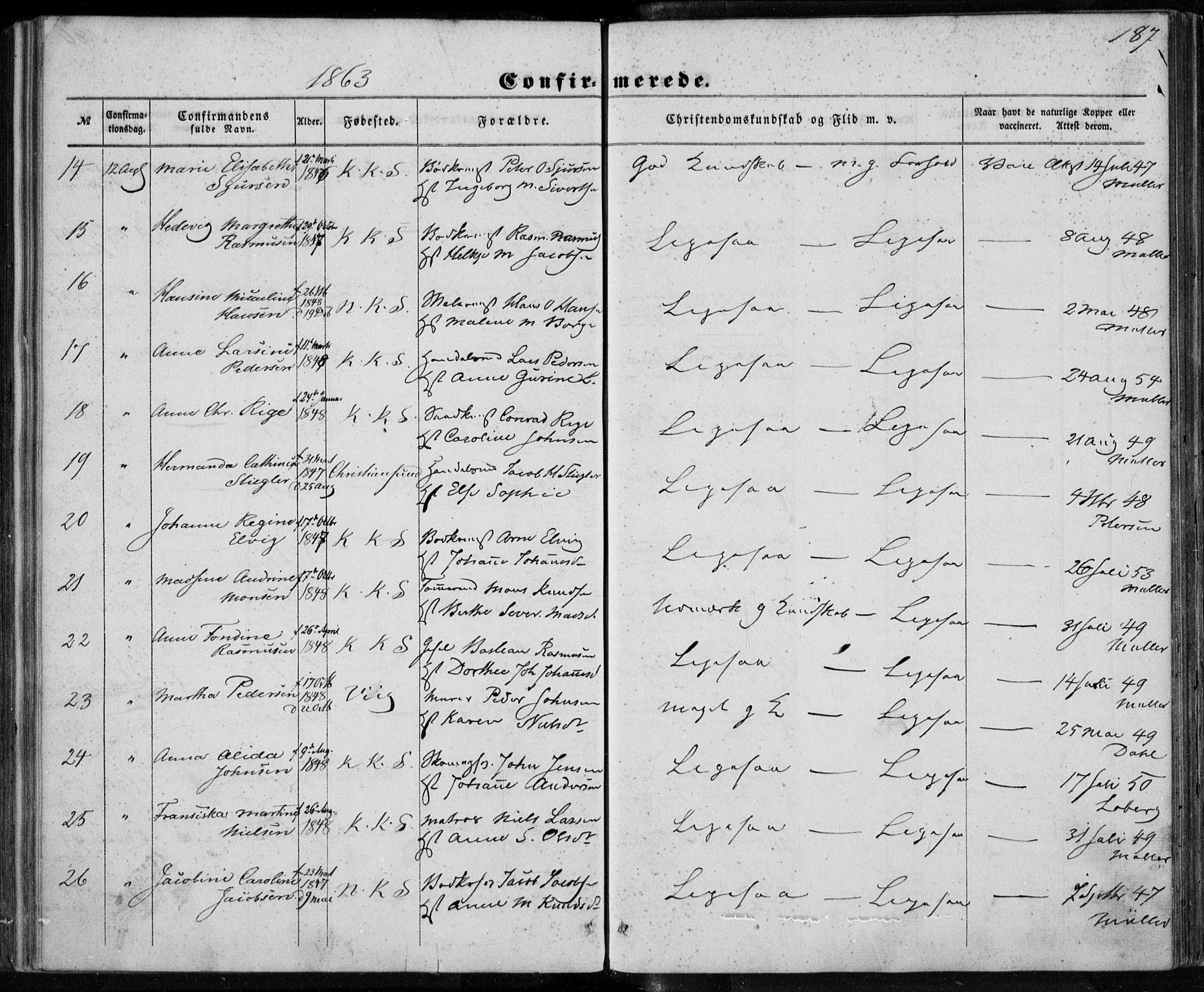 Korskirken sokneprestembete, SAB/A-76101/H/Haa/L0027: Ministerialbok nr. C 3, 1854-1868, s. 187