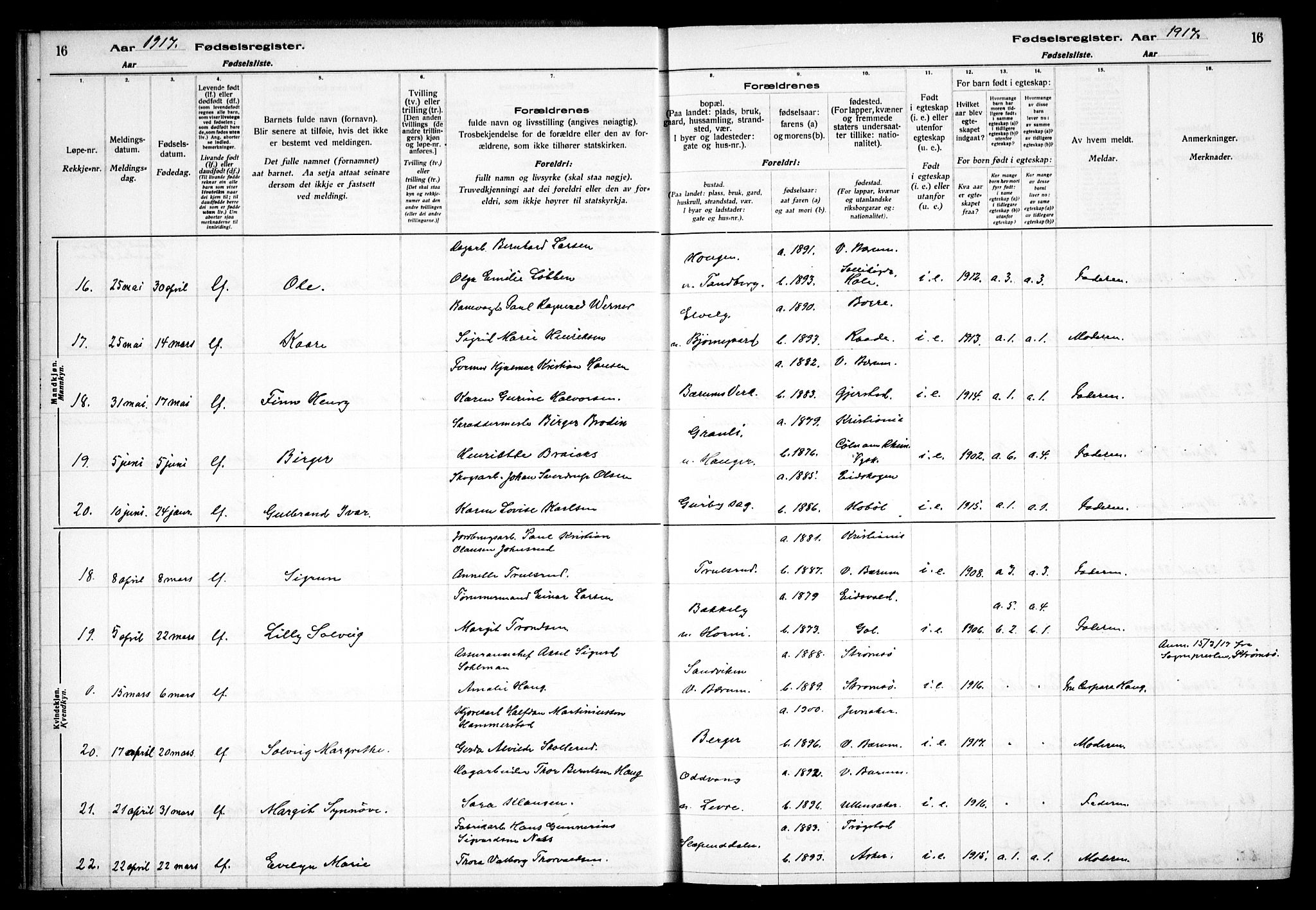 Vestre Bærum prestekontor Kirkebøker, AV/SAO-A-10209a/J/L0001: Fødselsregister nr. 1, 1916-1926, s. 16