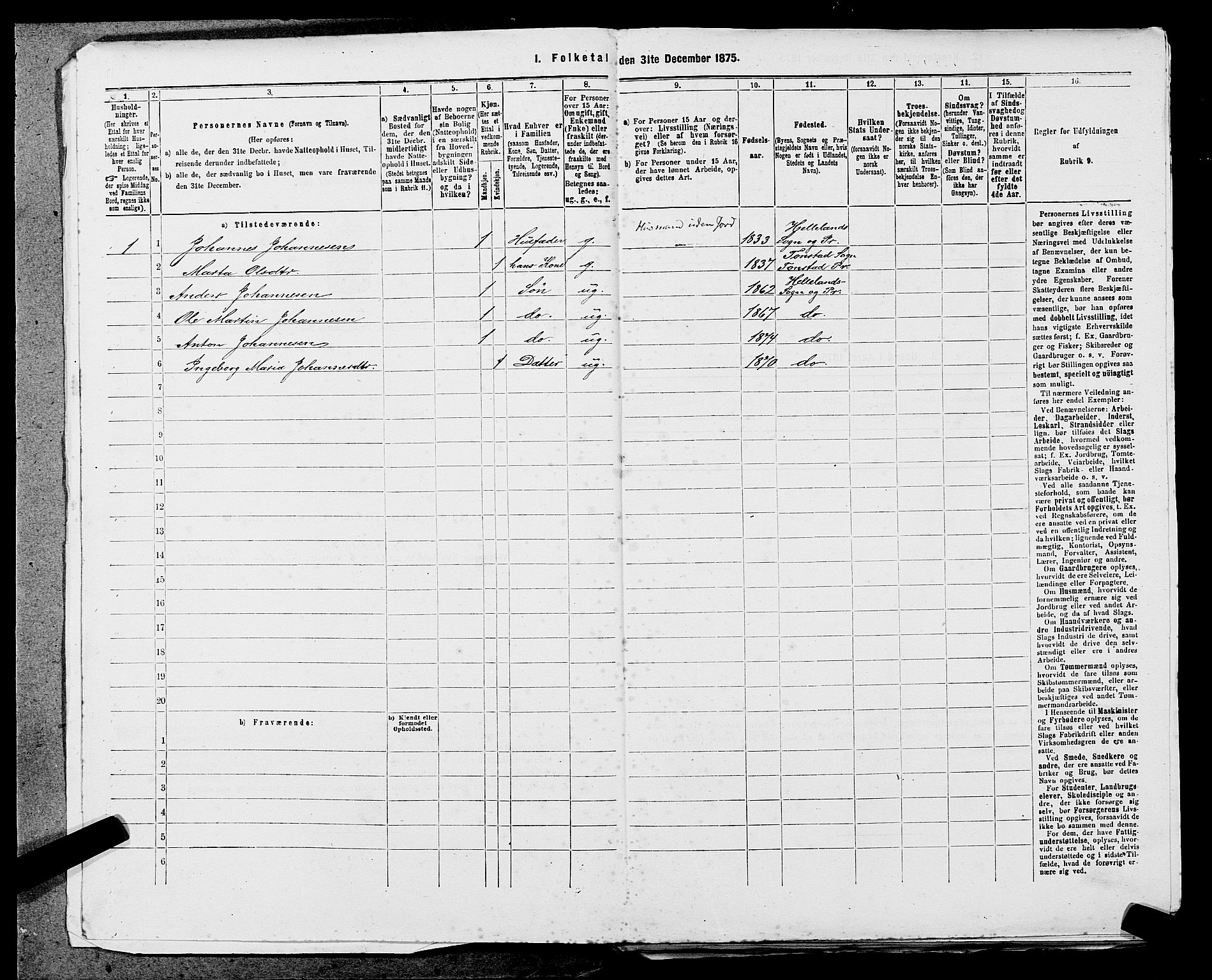 SAST, Folketelling 1875 for 1115P Helleland prestegjeld, 1875, s. 229