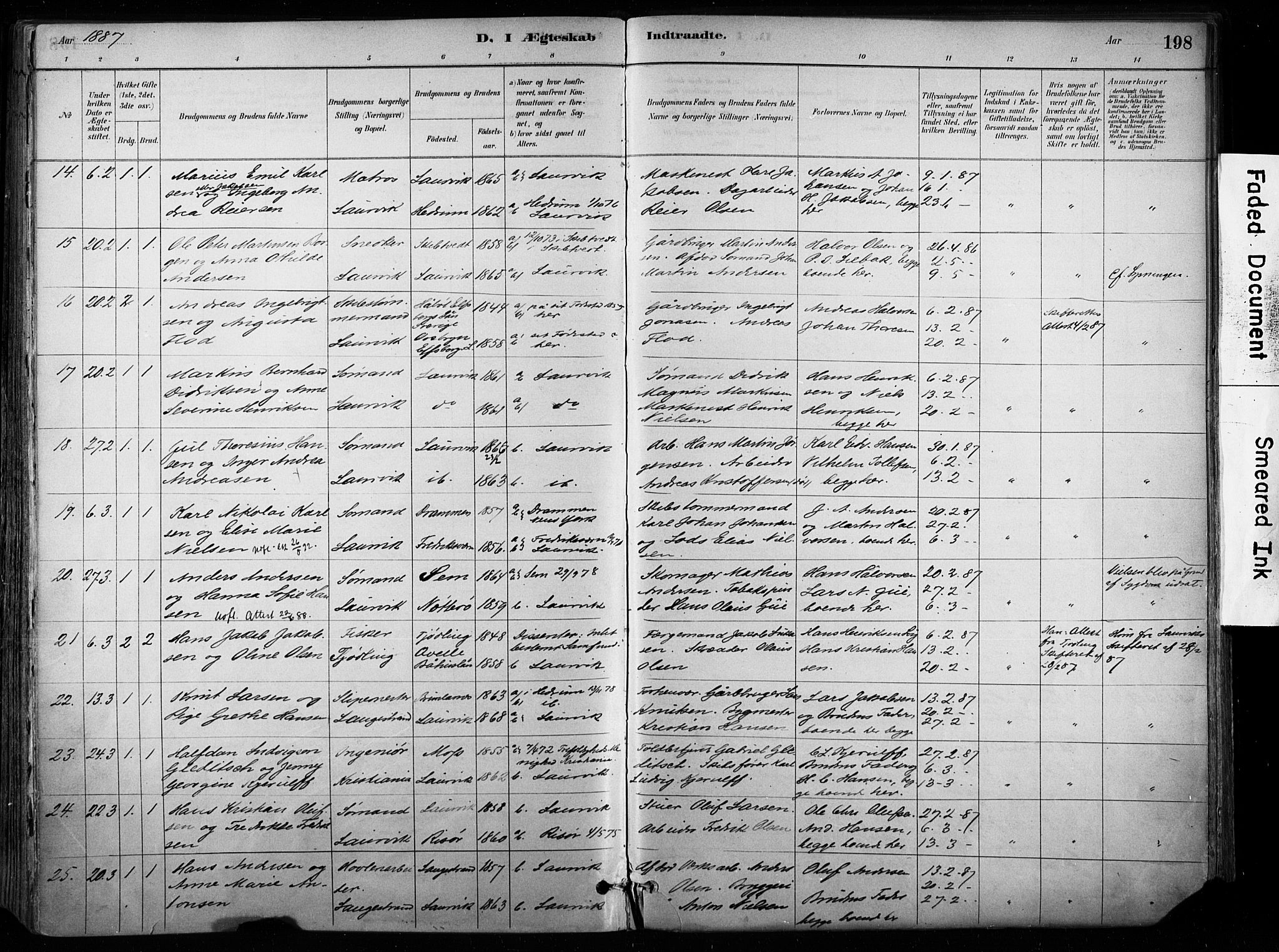 Larvik kirkebøker, AV/SAKO-A-352/F/Fa/L0008: Ministerialbok nr. I 8, 1884-1902, s. 198