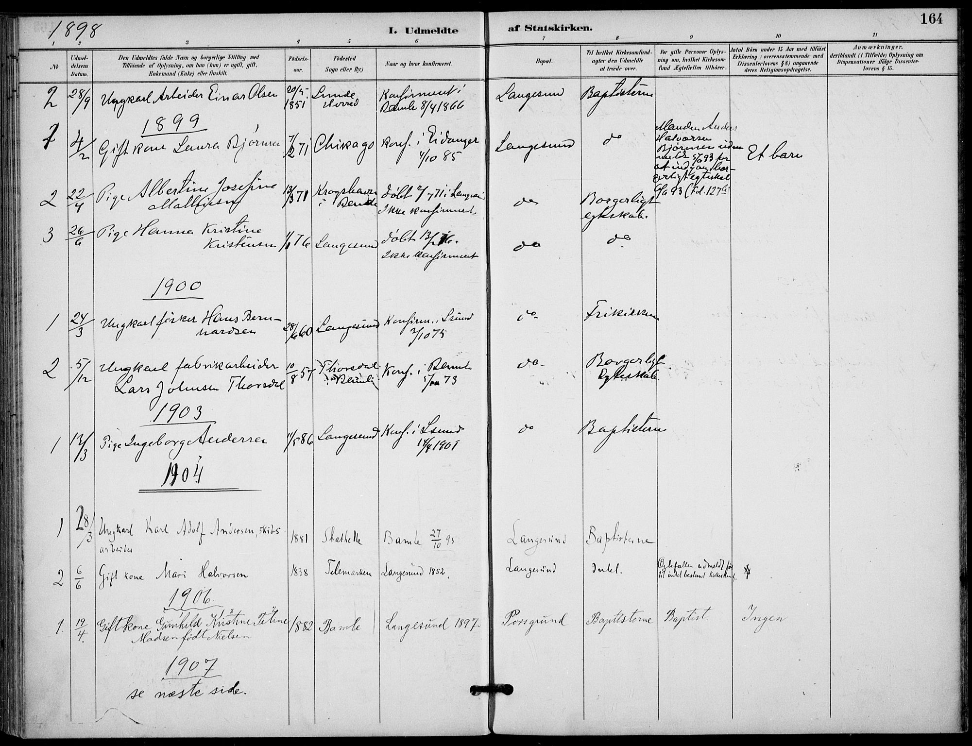 Langesund kirkebøker, AV/SAKO-A-280/F/Fa/L0003: Ministerialbok nr. 3, 1893-1907, s. 164