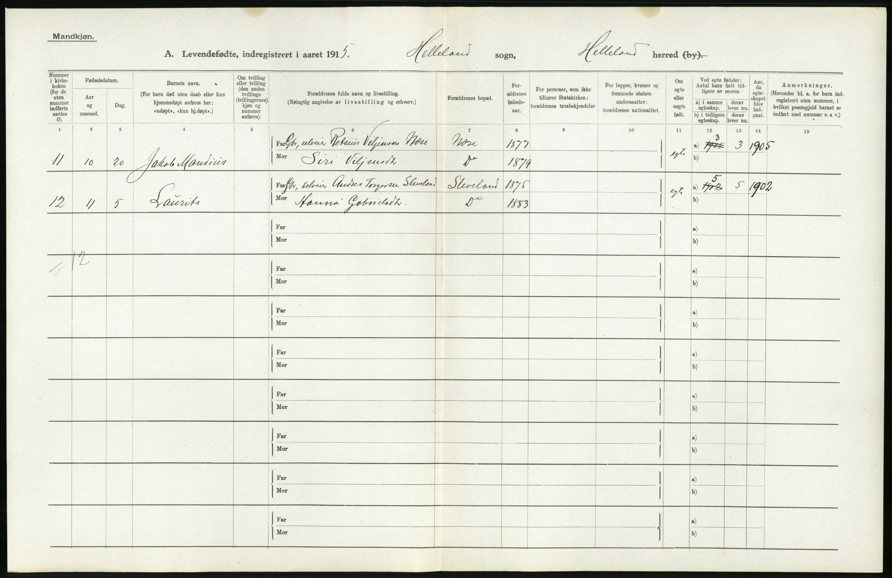 Statistisk sentralbyrå, Sosiodemografiske emner, Befolkning, AV/RA-S-2228/D/Df/Dfb/Dfbe/L0027: Stavanger amt: Levendefødte menn og kvinner. Bygder., 1915, s. 56