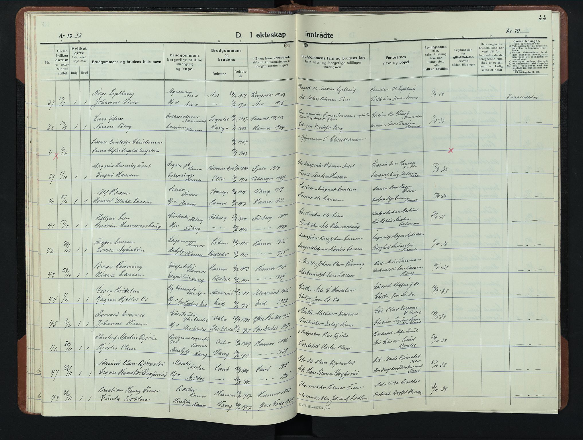 Hamar prestekontor, SAH/DOMPH-002/H/Ha/Hab/L0006: Klokkerbok nr. 6, 1931-1950, s. 44