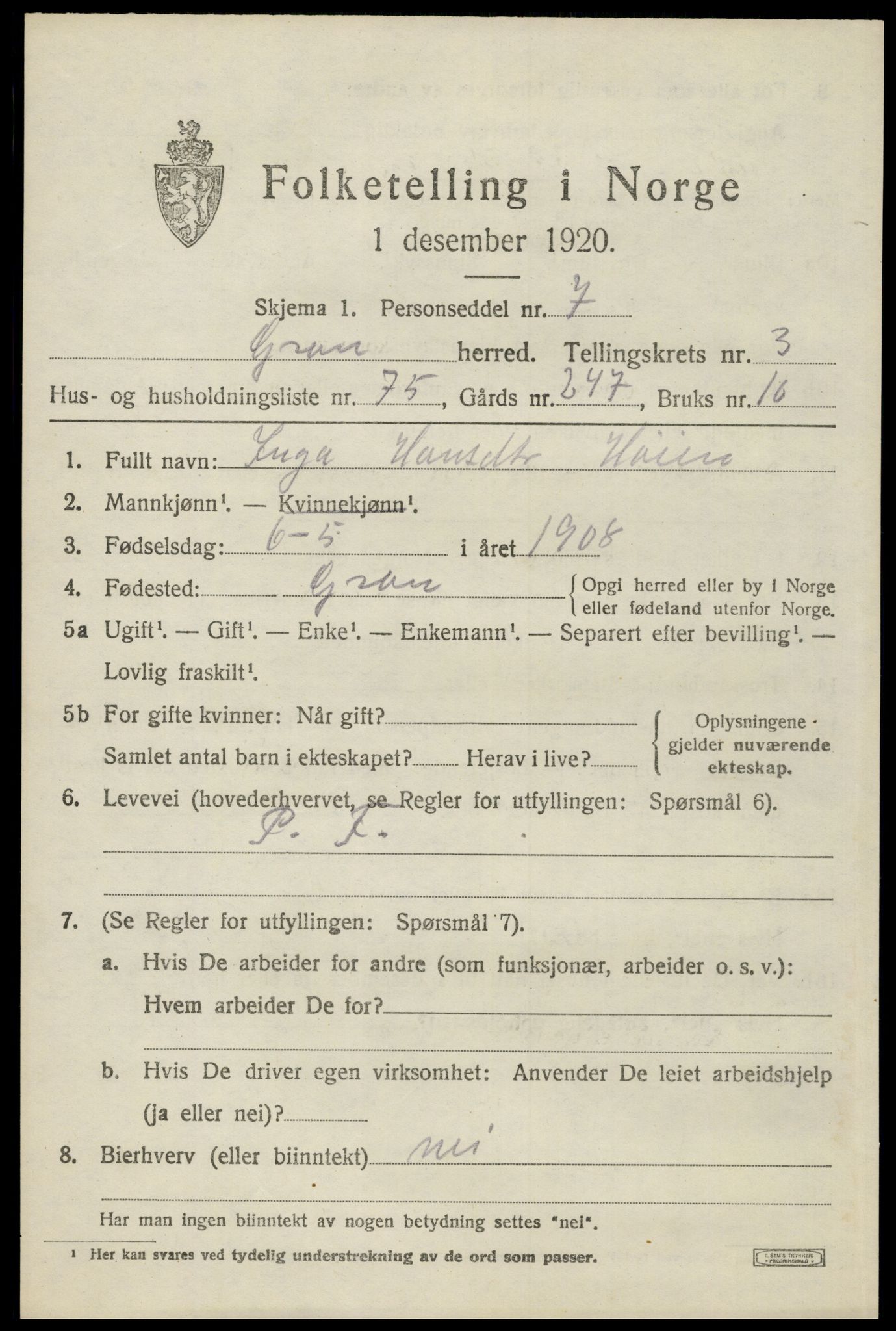 SAH, Folketelling 1920 for 0534 Gran herred, 1920, s. 6114