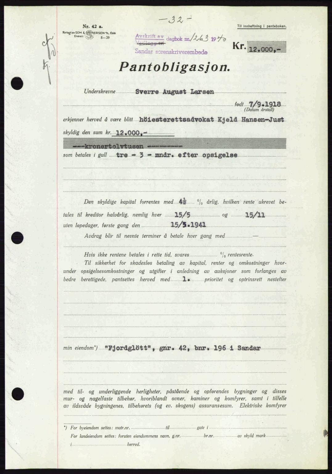 Sandar sorenskriveri, SAKO/A-86/G/Ga/Gab/L0001: Pantebok nr. B-1 og B-3 - B-9, 1936-1944, Dagboknr: 1263/1940
