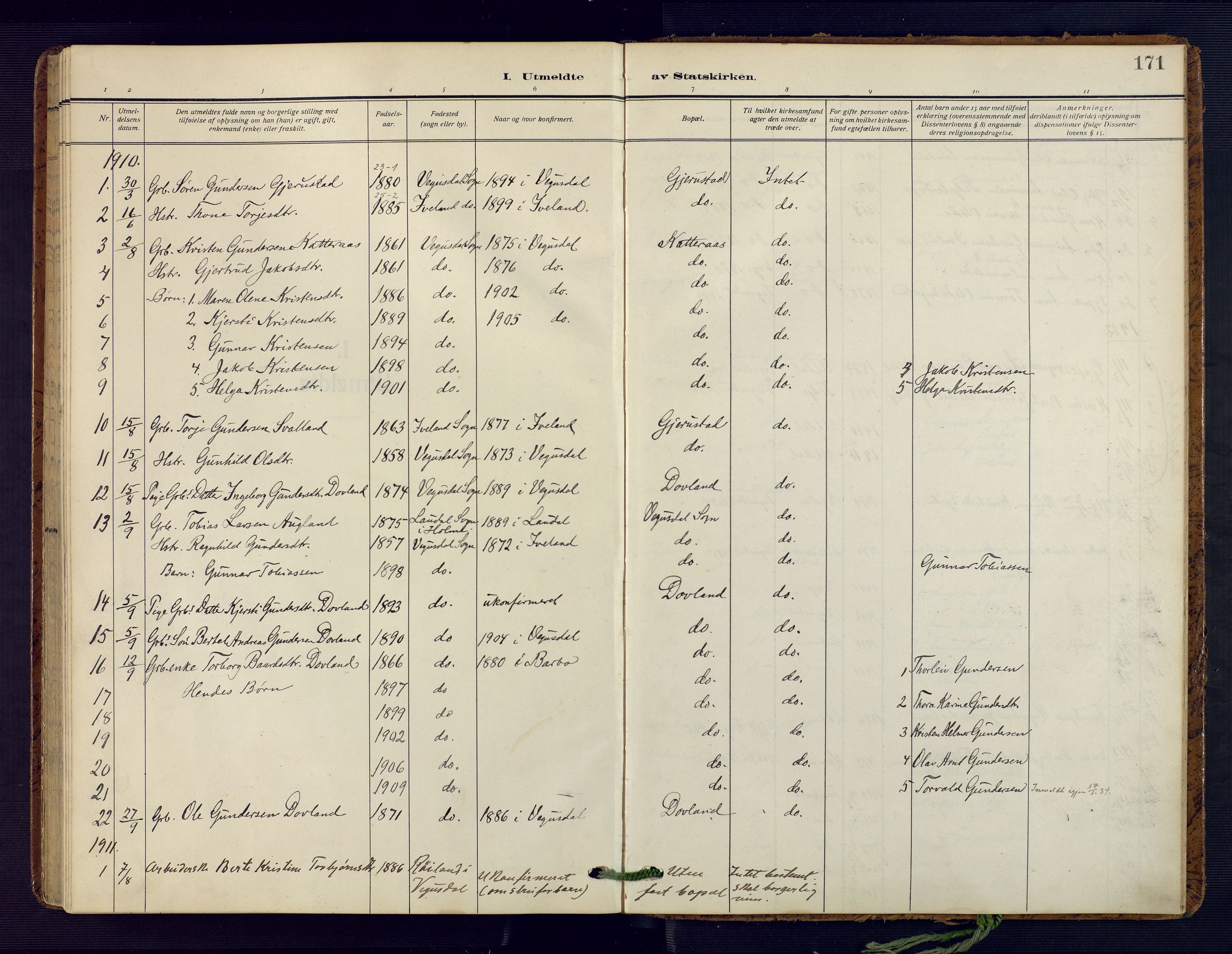 Herefoss sokneprestkontor, AV/SAK-1111-0019/F/Fa/Fab/L0005: Ministerialbok nr. A 5, 1910-1932, s. 171