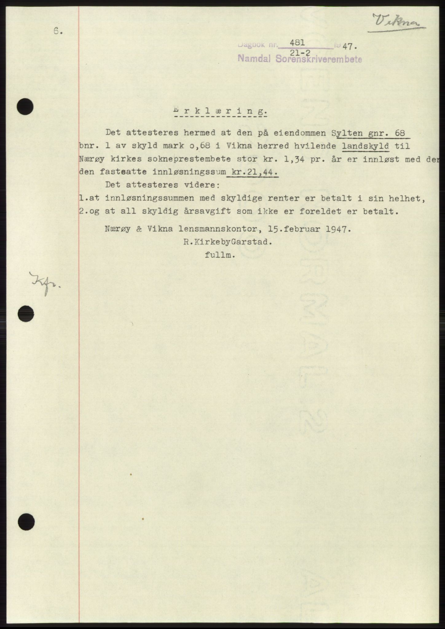 Namdal sorenskriveri, SAT/A-4133/1/2/2C: Pantebok nr. -, 1946-1947, Dagboknr: 481/1947