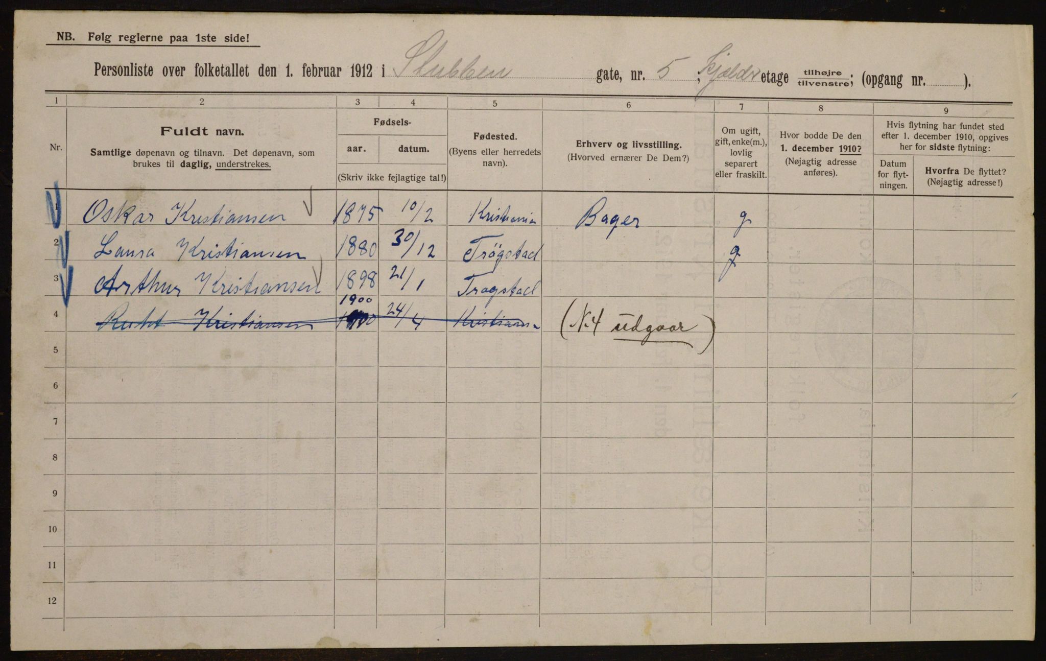 OBA, Kommunal folketelling 1.2.1912 for Kristiania, 1912, s. 104527