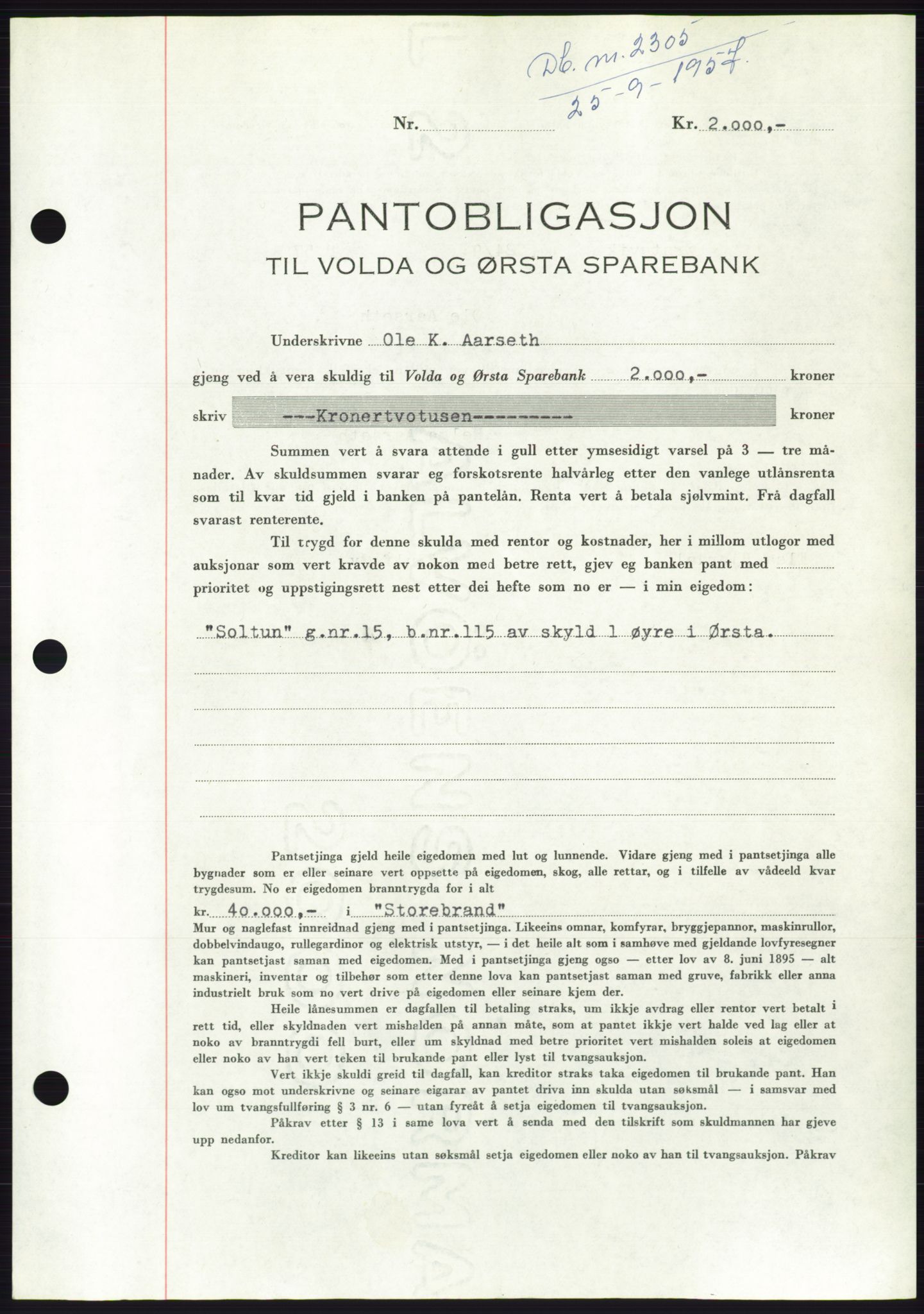 Søre Sunnmøre sorenskriveri, AV/SAT-A-4122/1/2/2C/L0130: Pantebok nr. 18B, 1957-1958, Dagboknr: 2305/1957