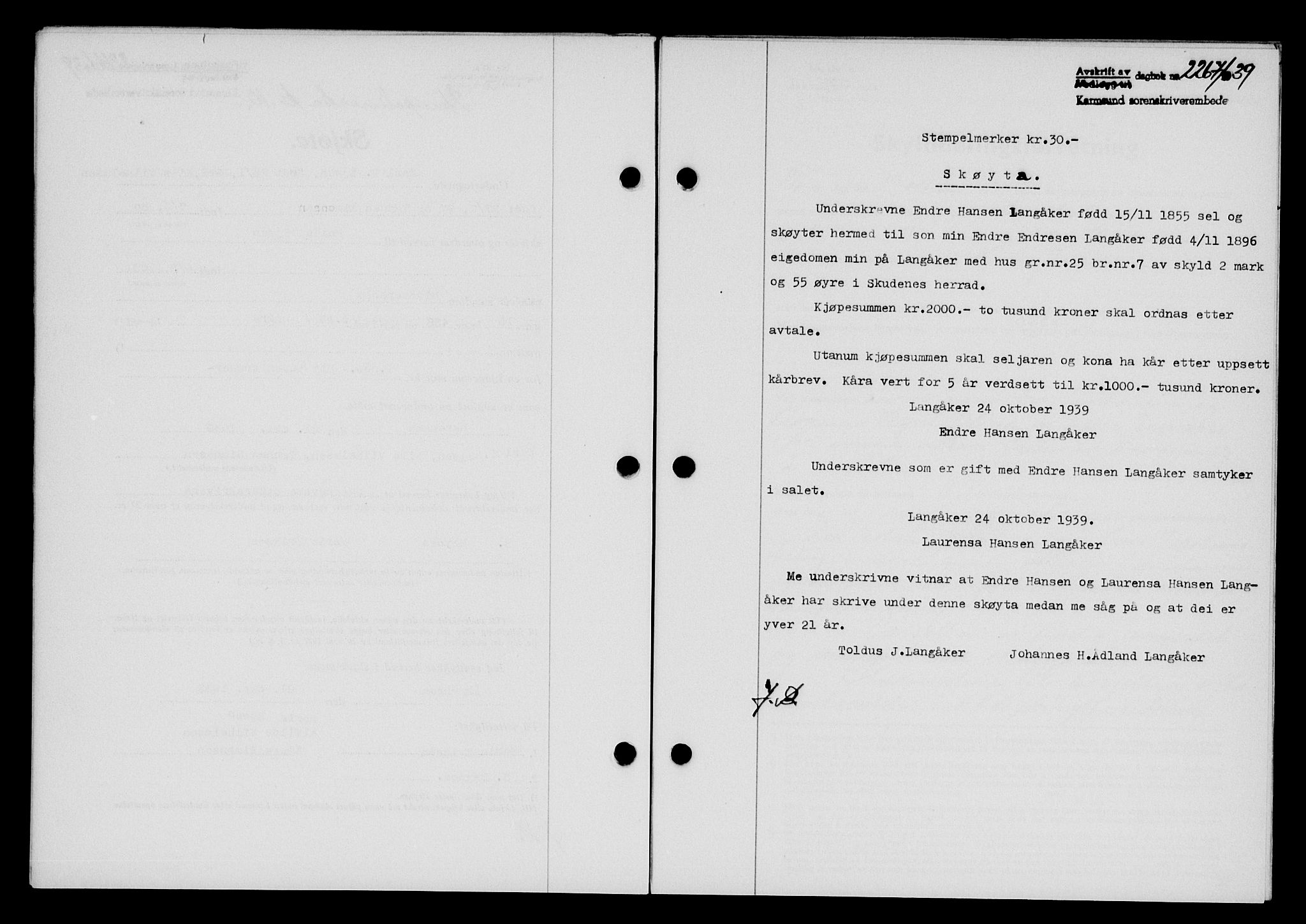 Karmsund sorenskriveri, SAST/A-100311/01/II/IIB/L0072: Pantebok nr. 53A, 1939-1940, Dagboknr: 2267/1939