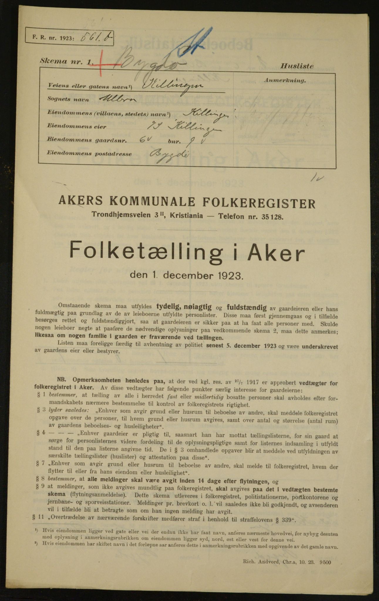 , Kommunal folketelling 1.12.1923 for Aker, 1923, s. 3270