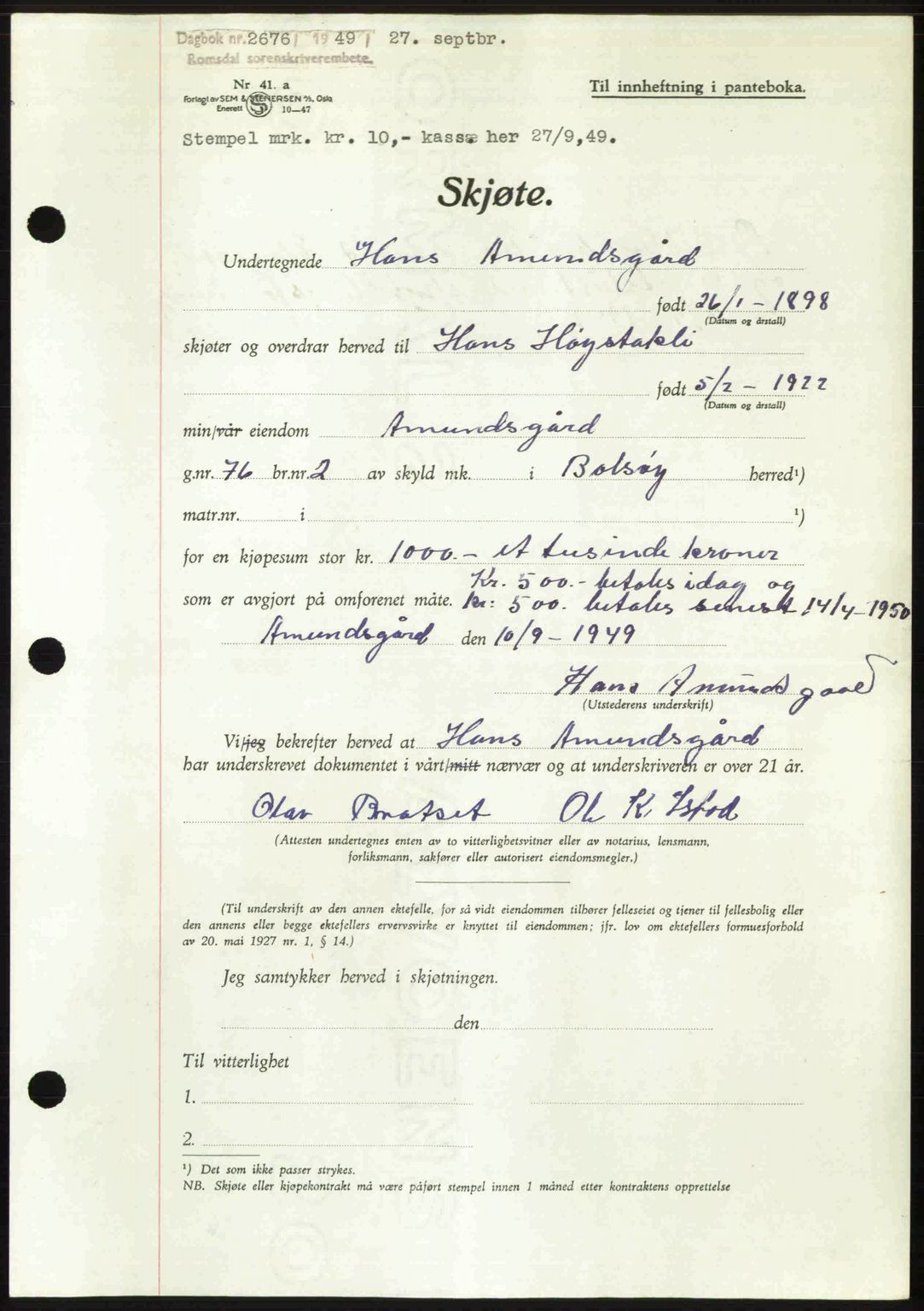 Romsdal sorenskriveri, AV/SAT-A-4149/1/2/2C: Pantebok nr. A31, 1949-1949, Dagboknr: 2676/1949