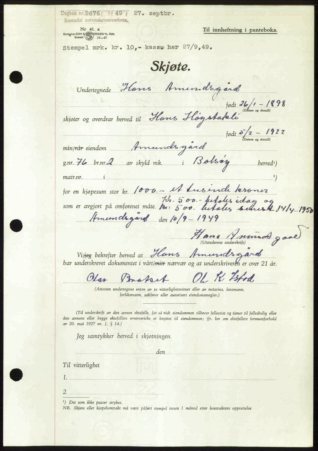 Romsdal sorenskriveri, SAT/A-4149/1/2/2C: Pantebok nr. A31, 1949-1949, Dagboknr: 2676/1949