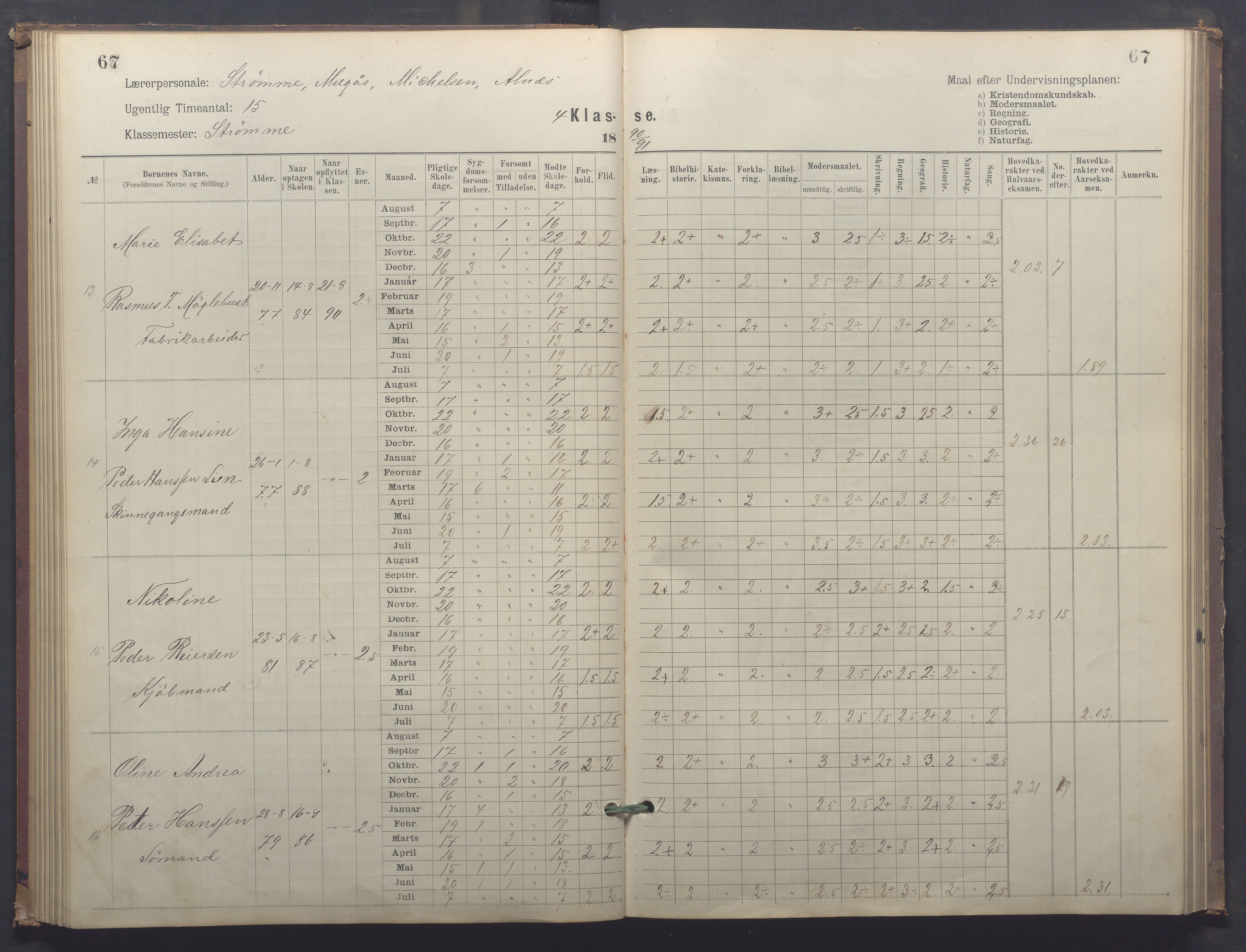 Egersund kommune (Ladested) - Egersund almueskole/folkeskole, IKAR/K-100521/H/L0025: Skoleprotokoll - Almueskolen, 4. klasse, 1887-1892, s. 67