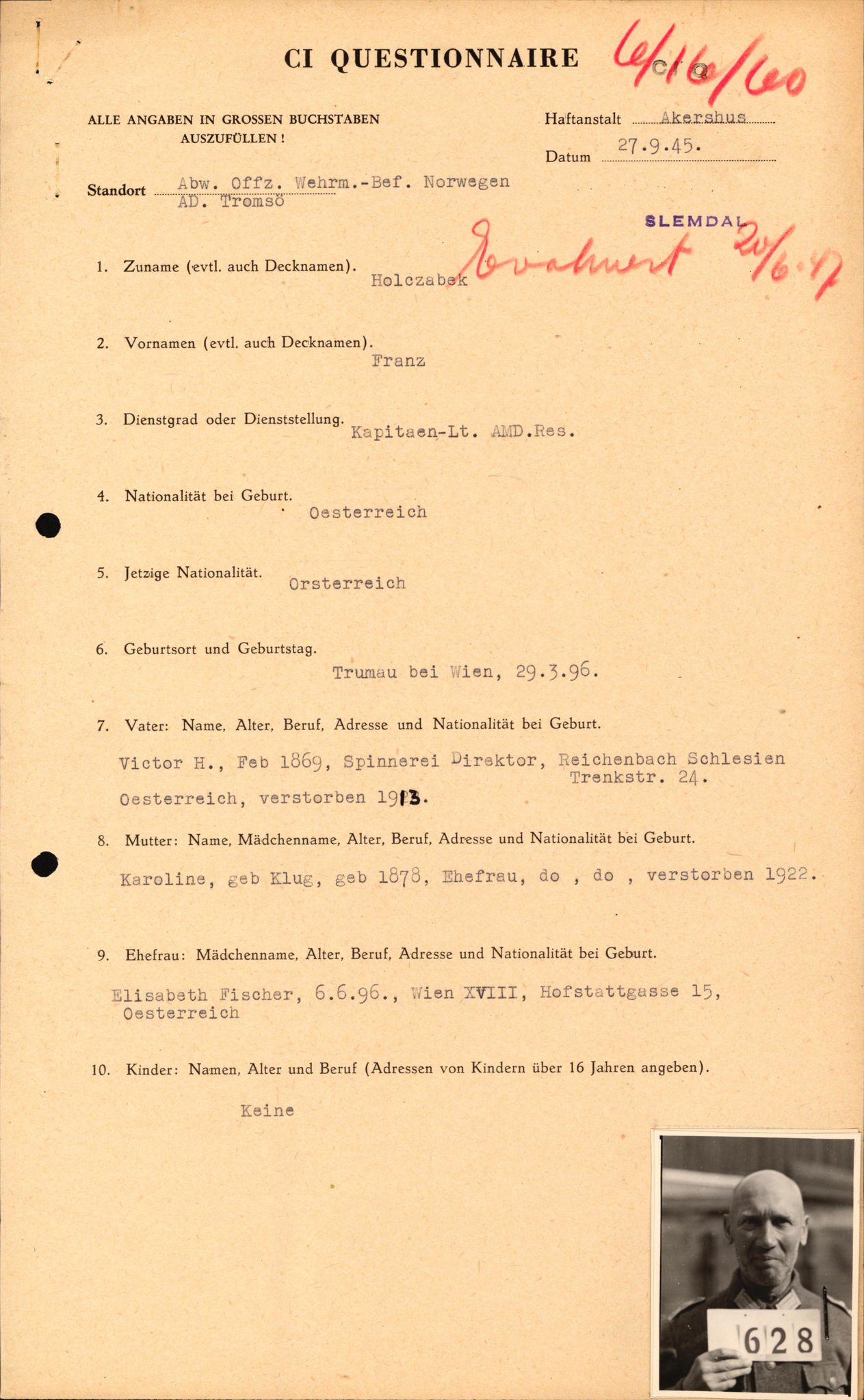 Forsvaret, Forsvarets overkommando II, AV/RA-RAFA-3915/D/Db/L0039: CI Questionaires. Tyske okkupasjonsstyrker i Norge. Østerrikere., 1945-1946, s. 40