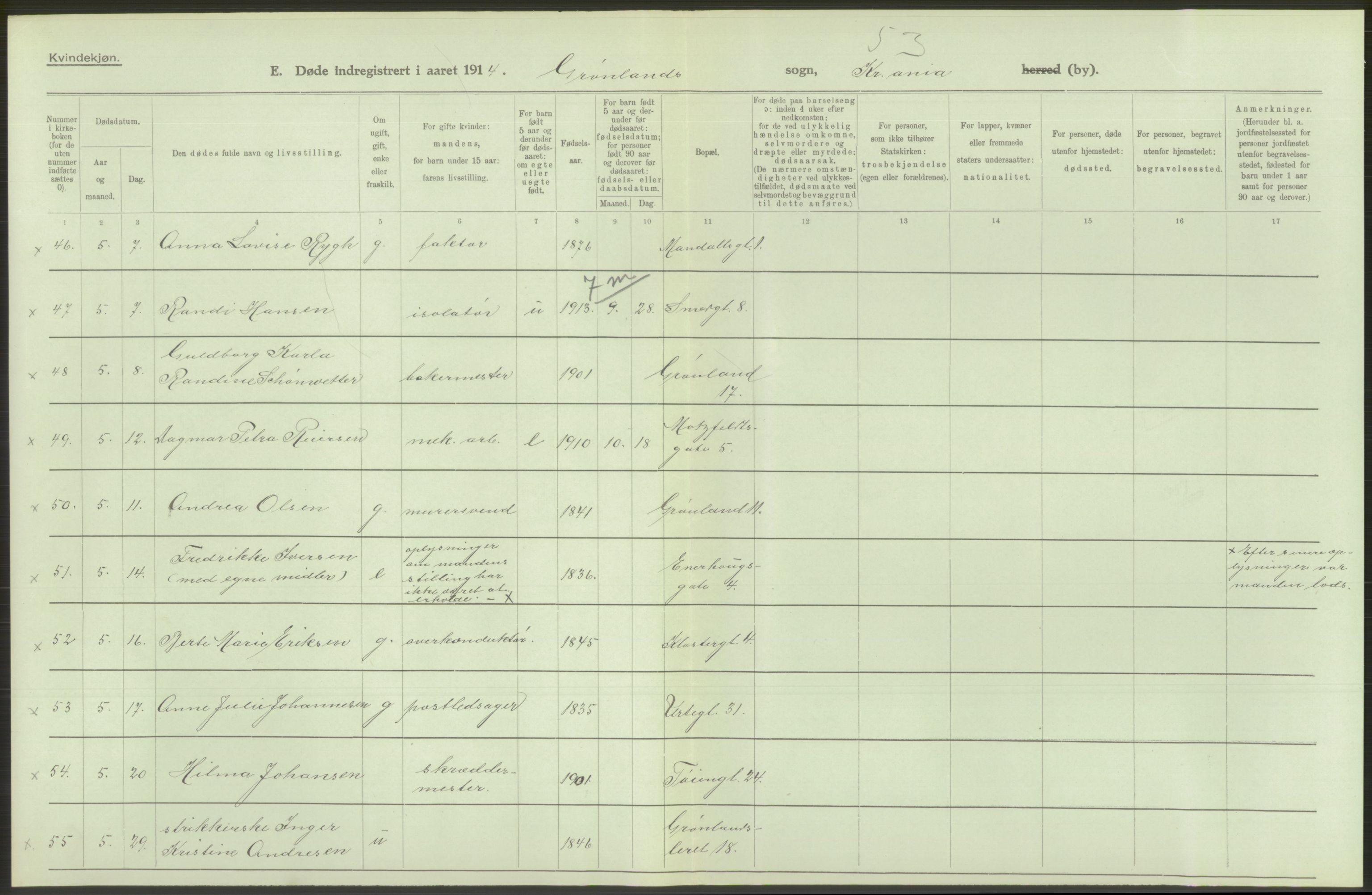 Statistisk sentralbyrå, Sosiodemografiske emner, Befolkning, AV/RA-S-2228/D/Df/Dfb/Dfbd/L0008: Kristiania: Døde, 1914, s. 534