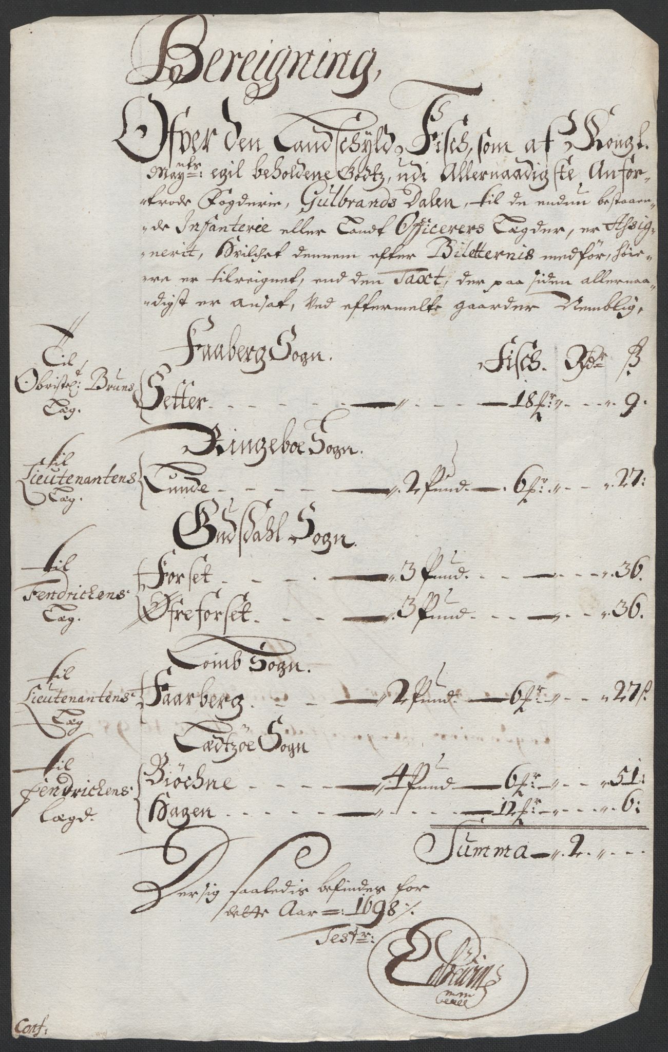 Rentekammeret inntil 1814, Reviderte regnskaper, Fogderegnskap, RA/EA-4092/R17/L1171: Fogderegnskap Gudbrandsdal, 1698, s. 126