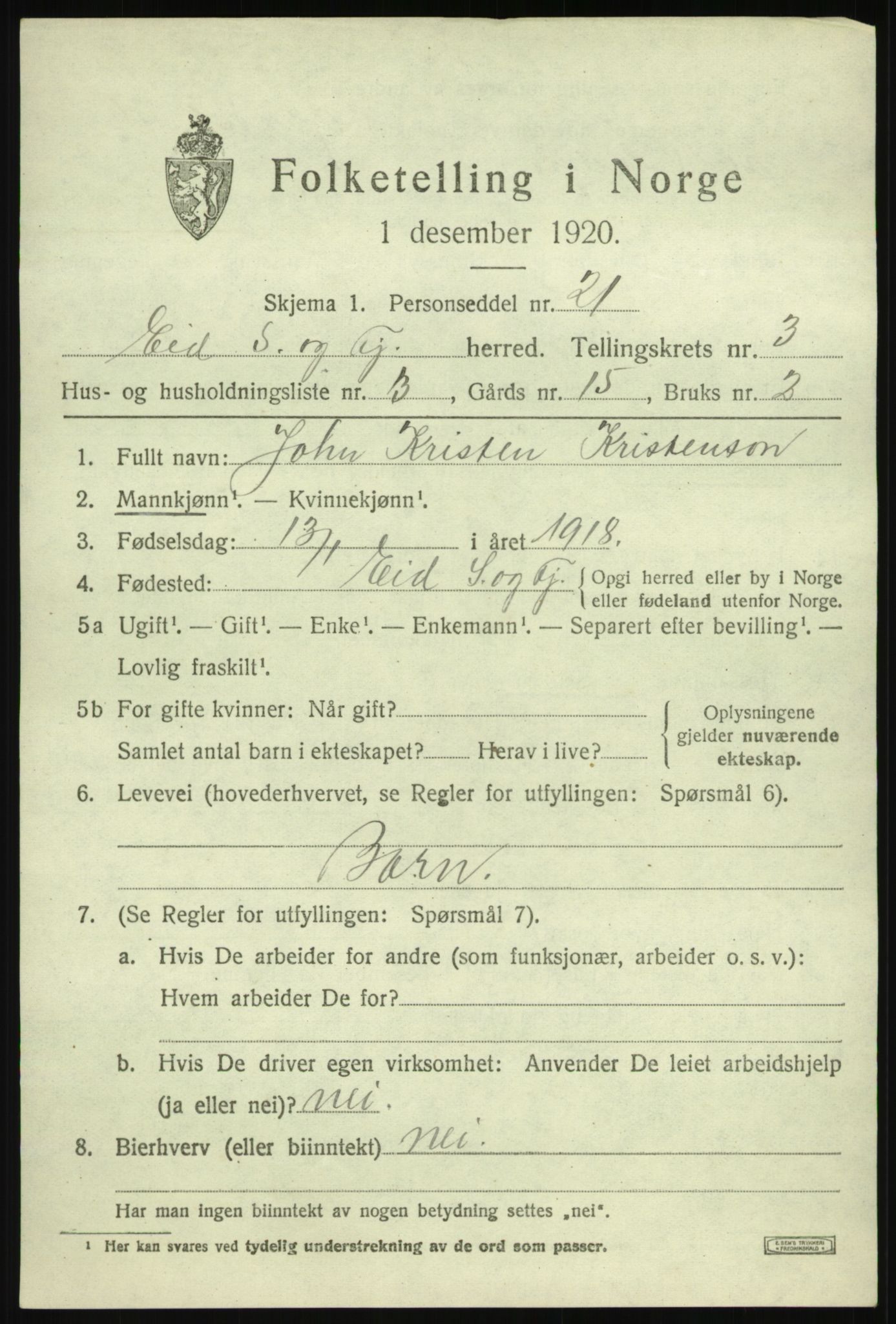 SAB, Folketelling 1920 for 1443 Eid herred, 1920, s. 2038