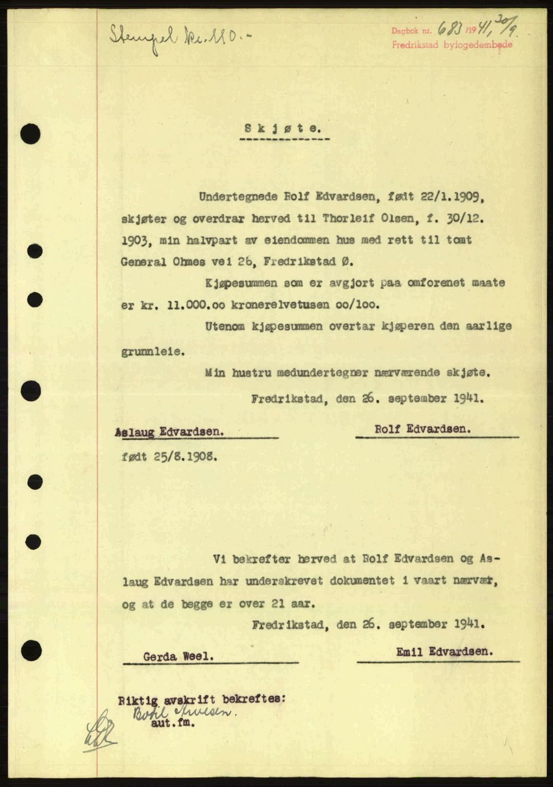 Fredrikstad byfogd, AV/SAO-A-10473a/G/Ga/Gac/L0002: Pantebok nr. A32a, 1940-1945, Dagboknr: 683/1941