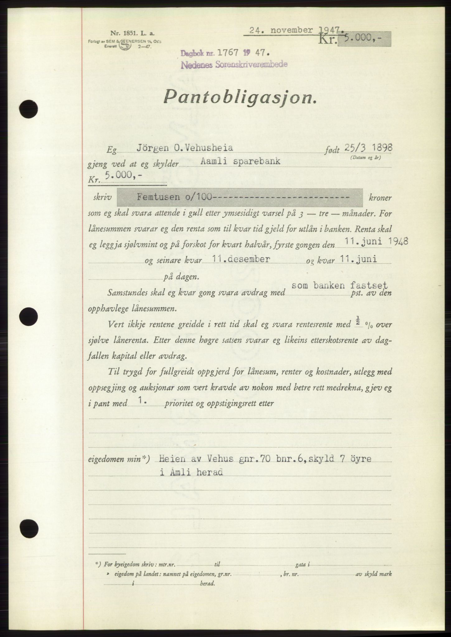 Nedenes sorenskriveri, SAK/1221-0006/G/Gb/Gbb/L0004: Pantebok nr. B4, 1947-1947, Dagboknr: 1767/1947