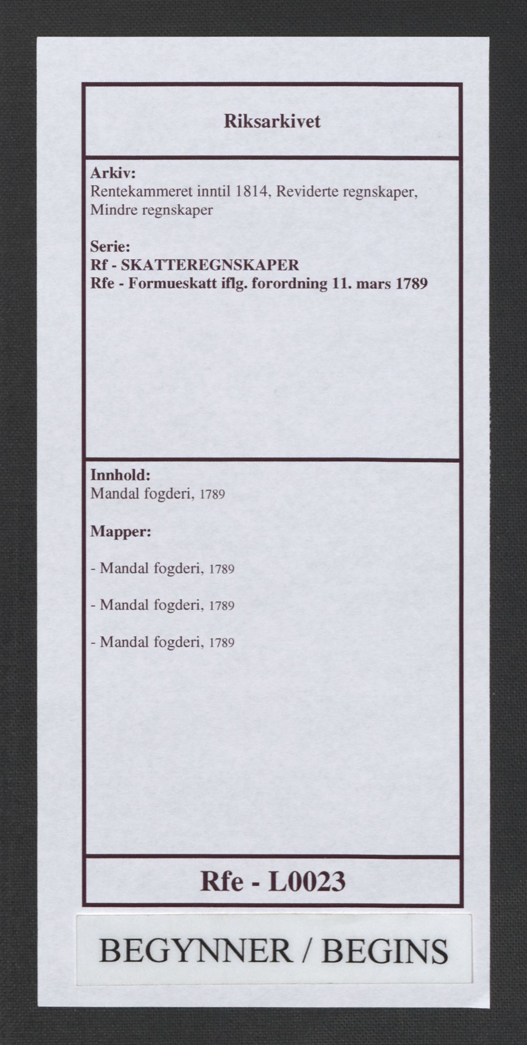 Rentekammeret inntil 1814, Reviderte regnskaper, Mindre regnskaper, RA/EA-4068/Rf/Rfe/L0023: Mandal fogderi, 1789, s. 1