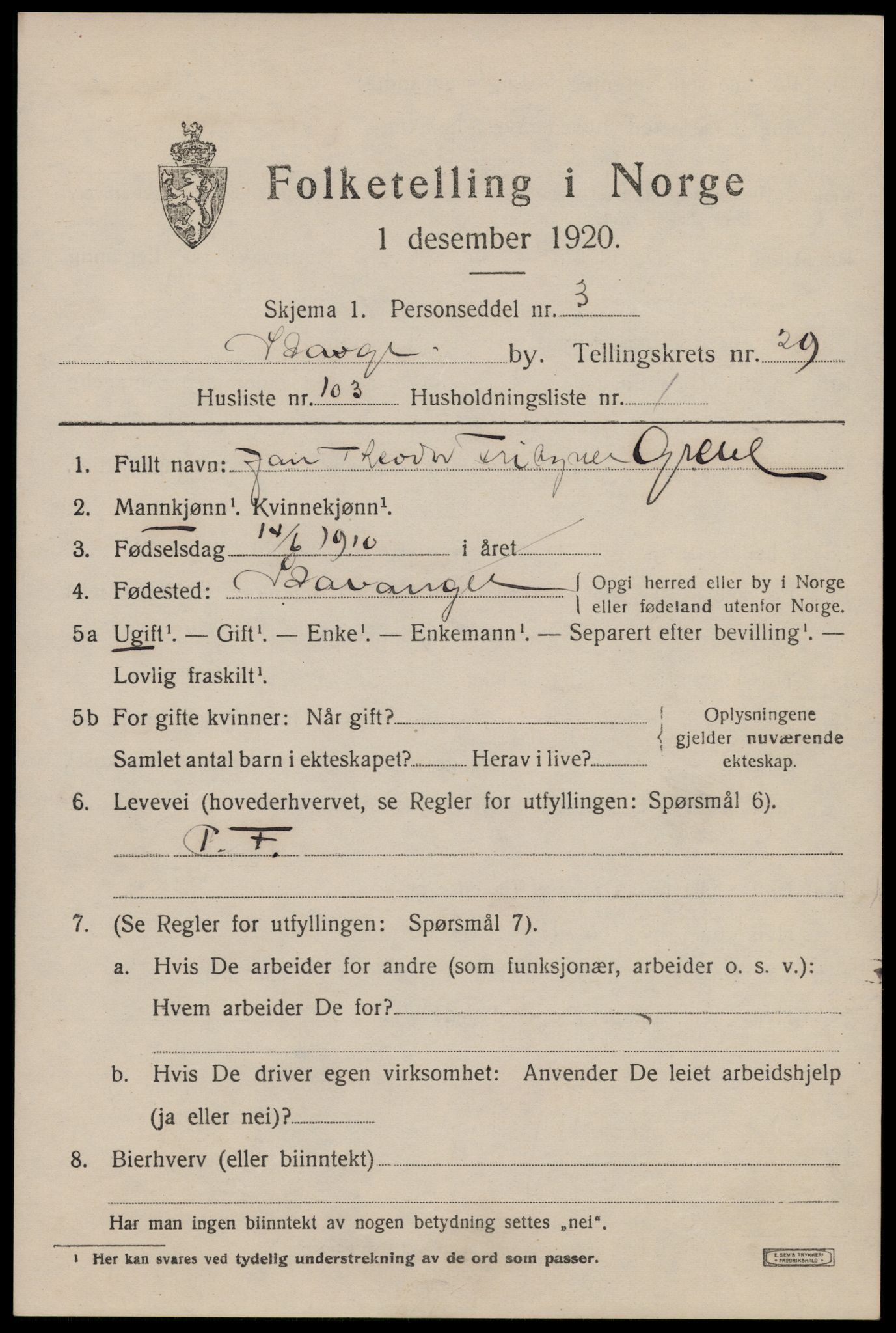 SAST, Folketelling 1920 for 1103 Stavanger kjøpstad, 1920, s. 84734