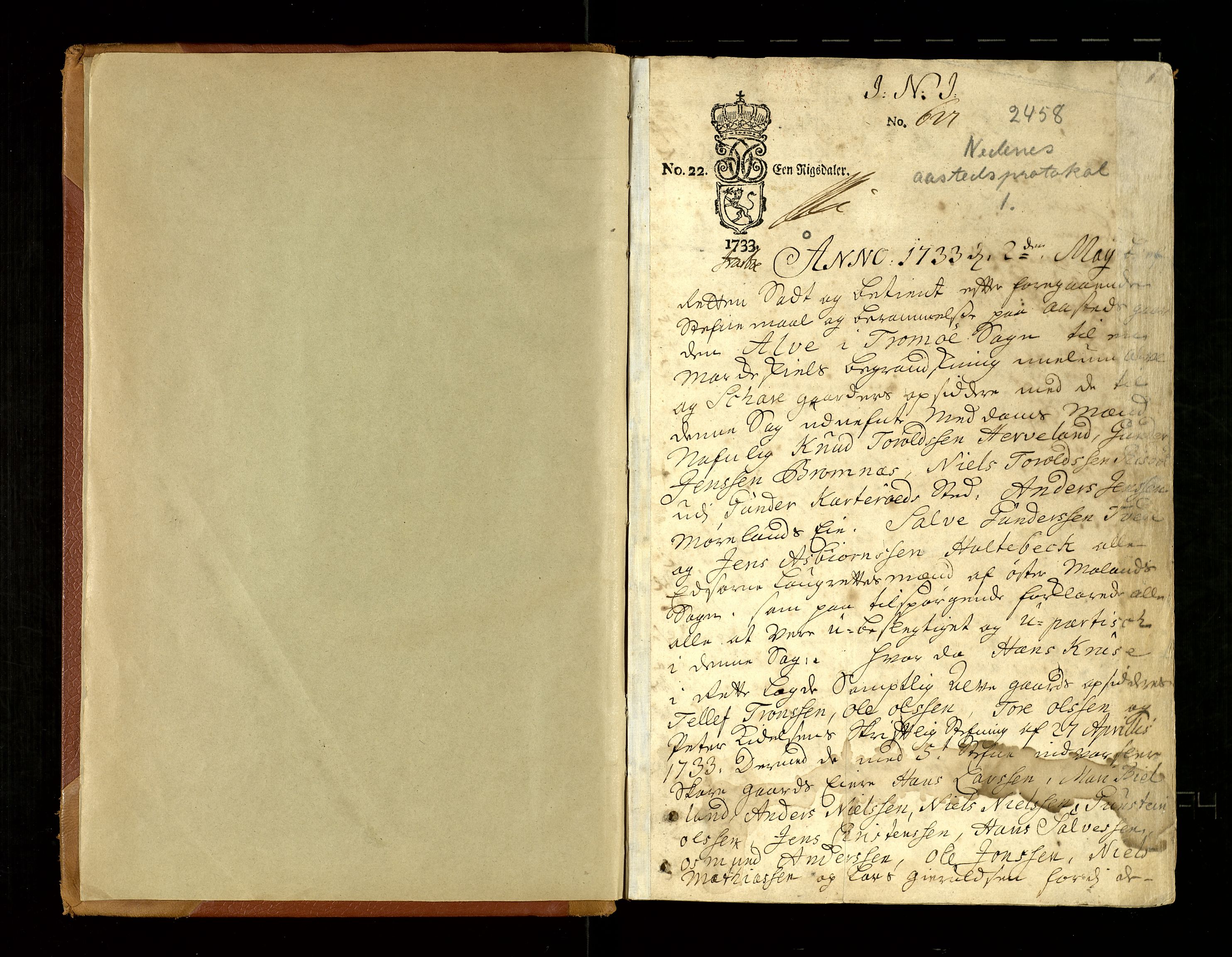 Nedenes sorenskriveri før 1824, SAK/1221-0007/F/Fb/L0001: Ekstrarettsprotokoll med register nr 1, 1733-1742, s. 1