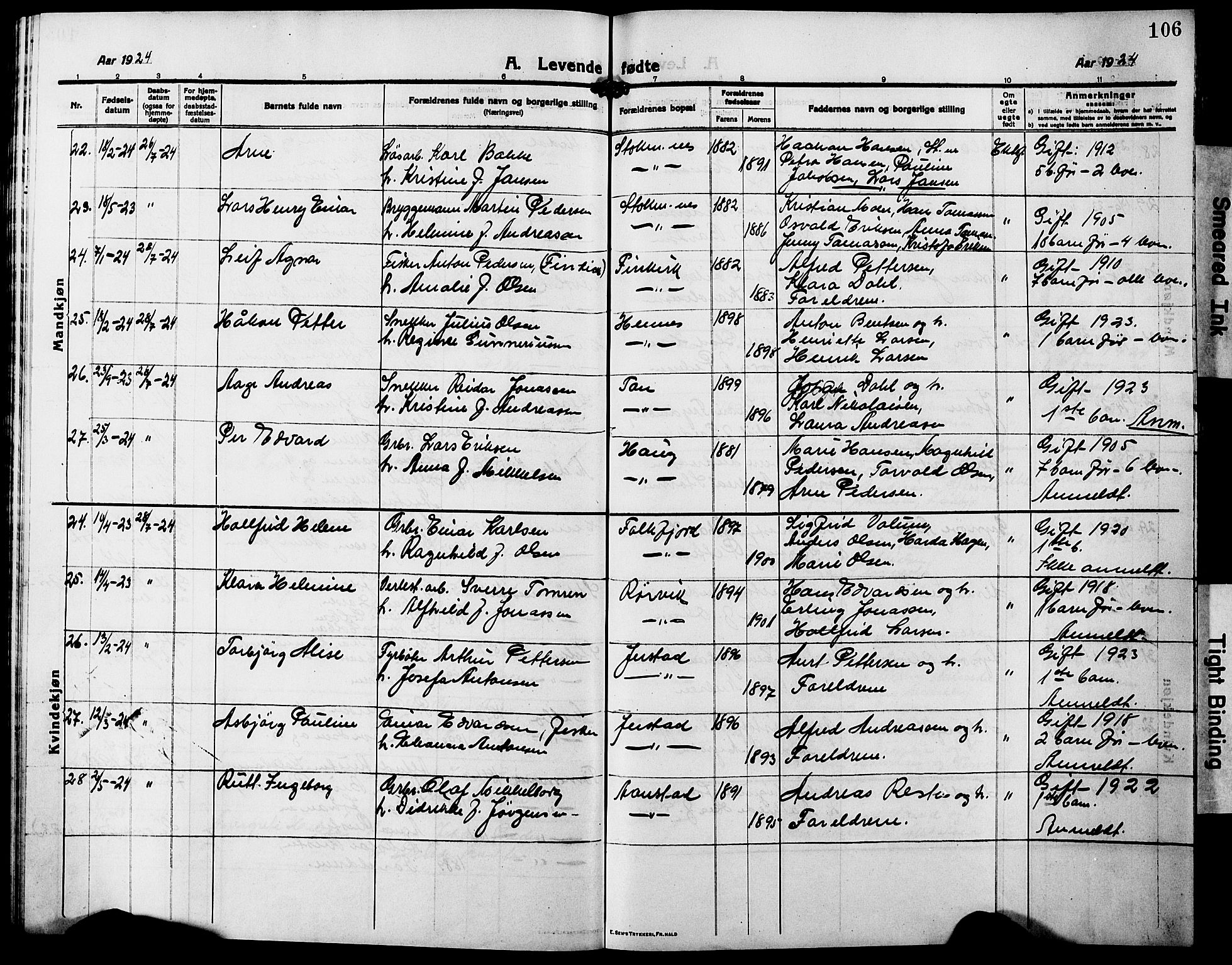 Ministerialprotokoller, klokkerbøker og fødselsregistre - Nordland, AV/SAT-A-1459/888/L1269: Klokkerbok nr. 888C07, 1913-1927, s. 106
