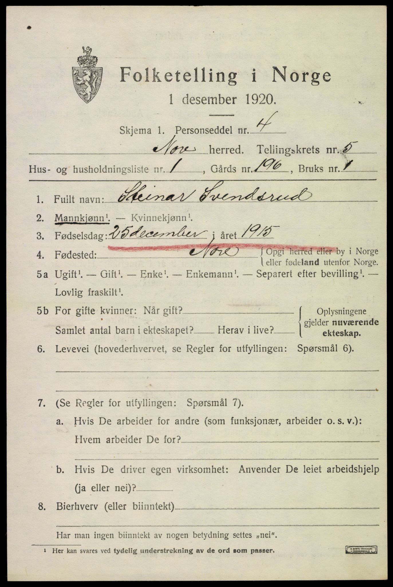 SAKO, Folketelling 1920 for 0633 Nore herred, 1920, s. 2216