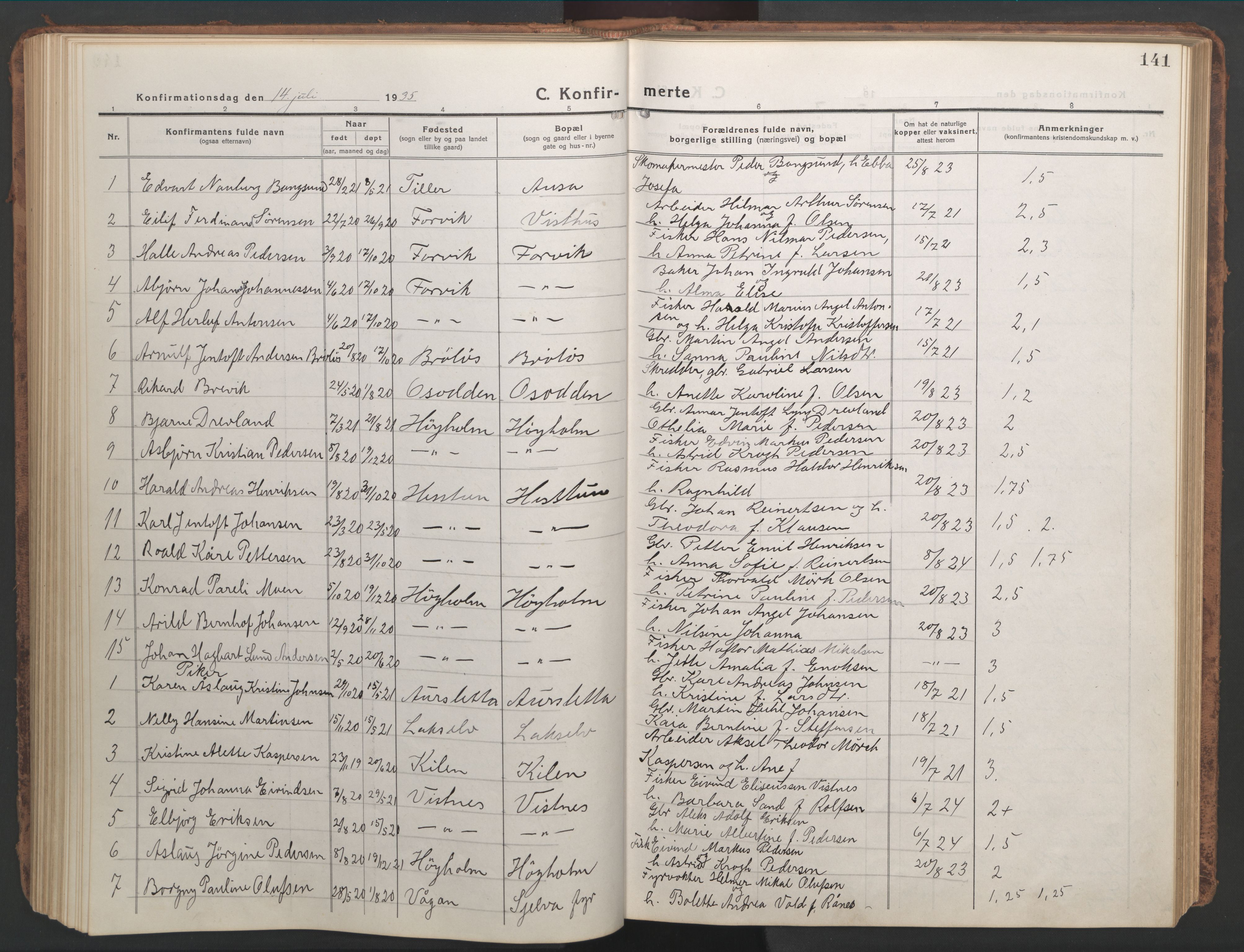 Ministerialprotokoller, klokkerbøker og fødselsregistre - Nordland, AV/SAT-A-1459/819/L0278: Klokkerbok nr. 819C04, 1917-1967, s. 141