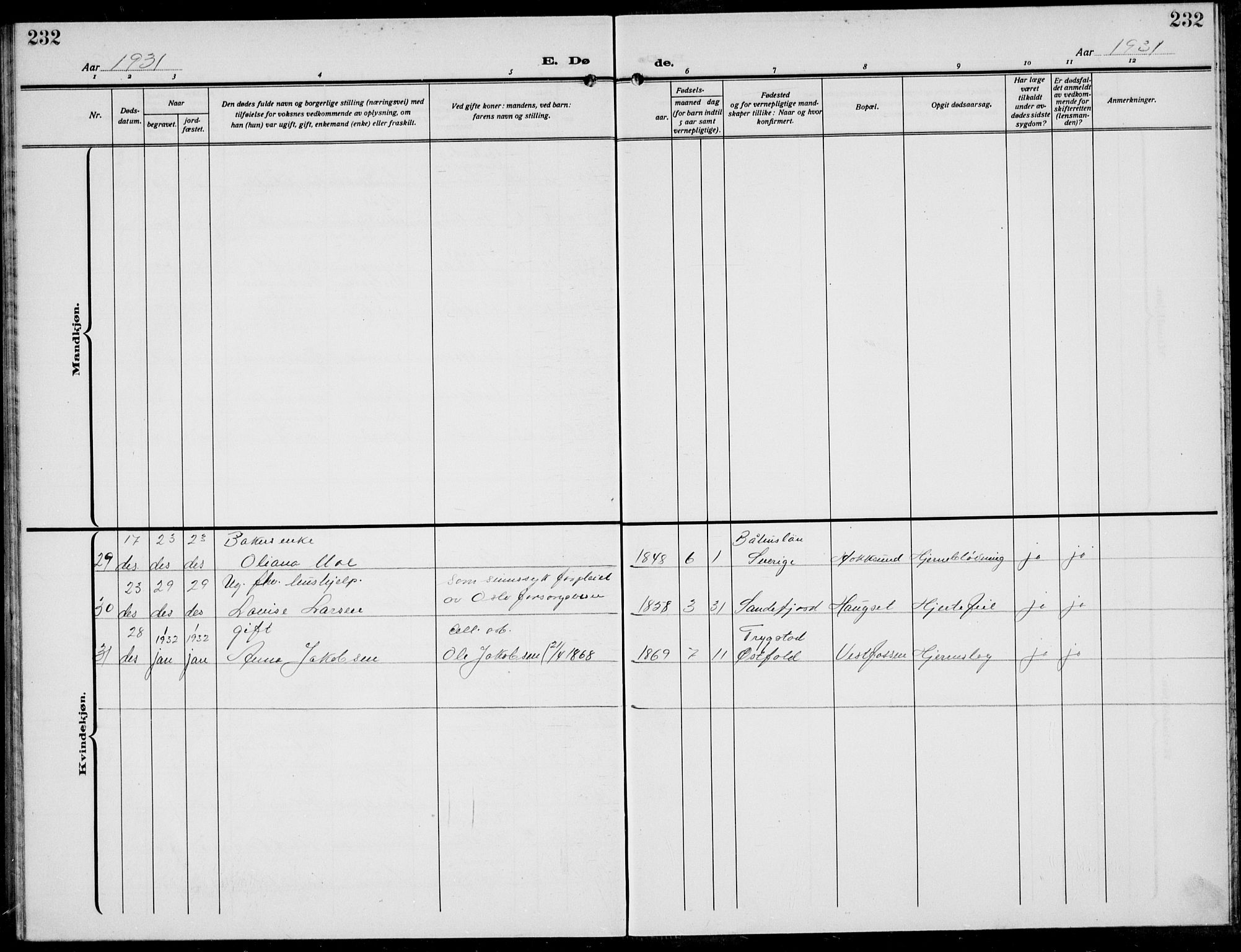 Eiker kirkebøker, AV/SAKO-A-4/G/Ga/L0010: Klokkerbok nr. I 10, 1925-1934, s. 232