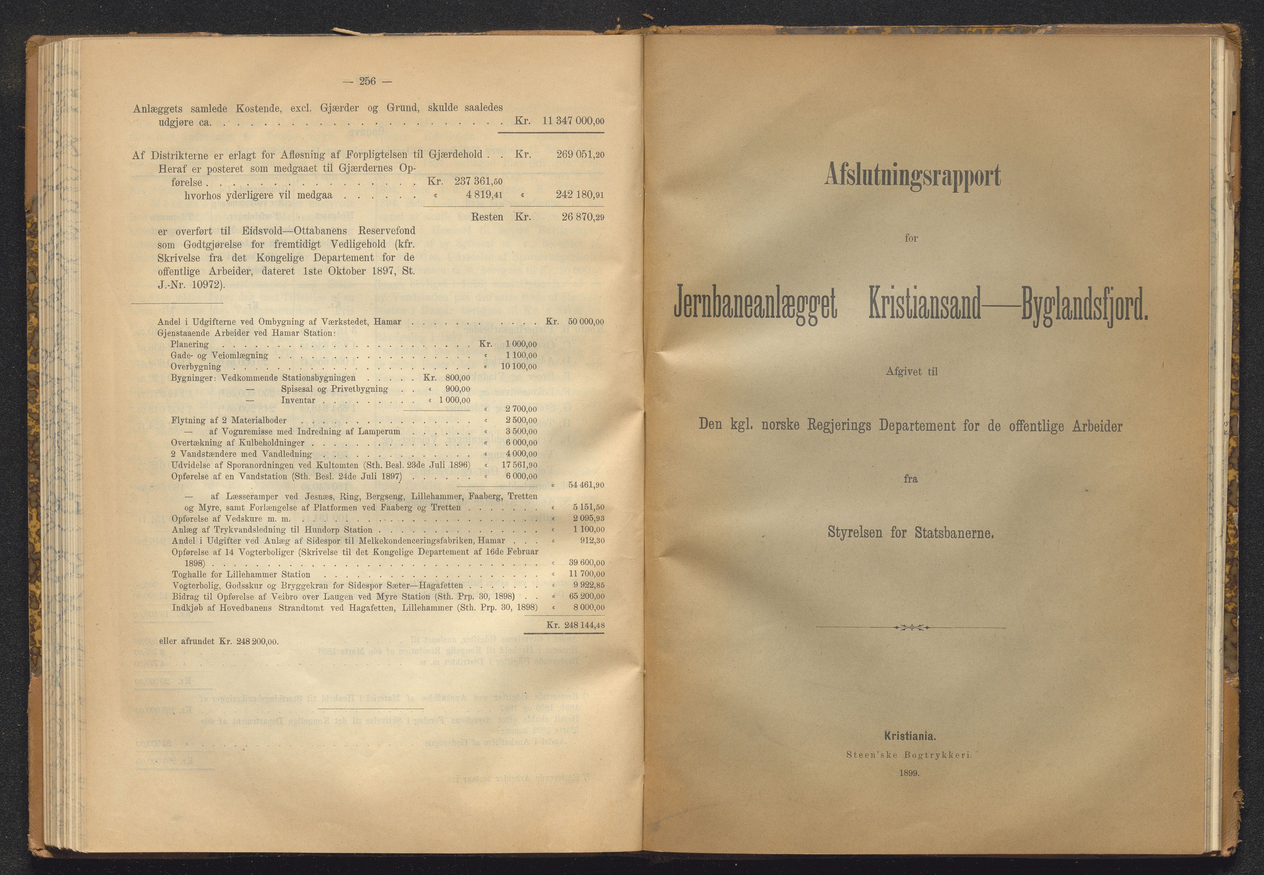 Norges Statsbaner Bibliotek (NSB), SAKO/A-355/E/Ea/L0162/0001: Jernbanedrift (656.2) / Avslutningsrapport for jernbaneanlegg Eidanger - Brevik / Hamar - Sel / Kristiansand - Byglandsfjord / Kongsvinger - Flisa, 1899