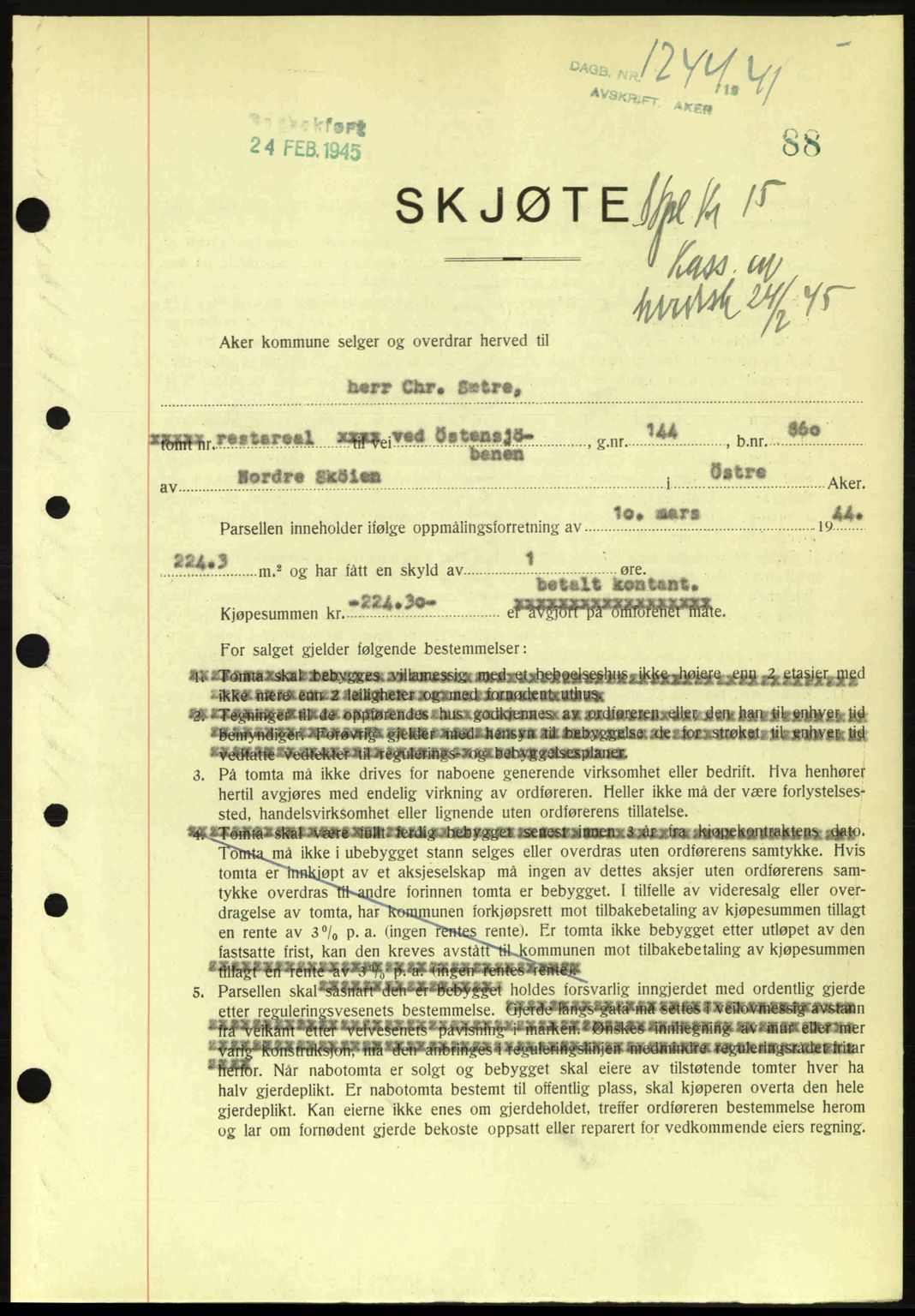 Aker herredsskriveri, SAO/A-10896/G/Gb/Gba/Gbab/L0063: Pantebok nr. A184-185, 1944-1945, Dagboknr: 1244/1945